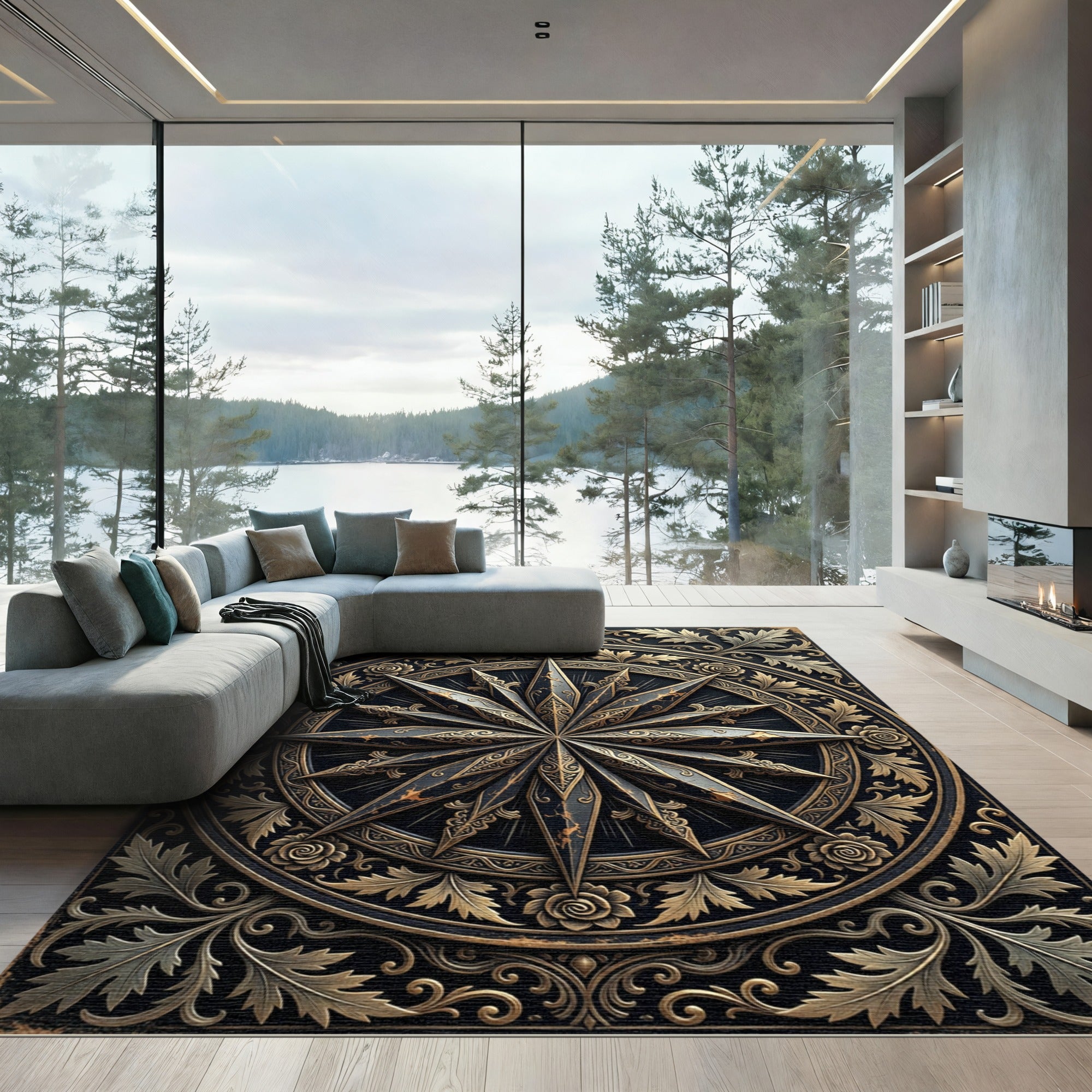 Ornate Gold and Black Compass Medallion Rug