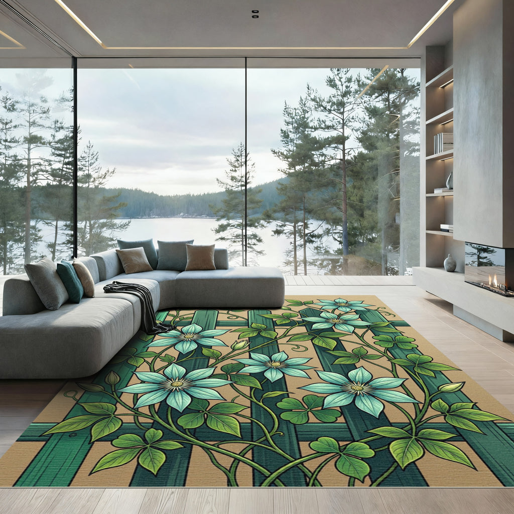Botanical Mint Clematis Climbing Vine Floor Art Rug