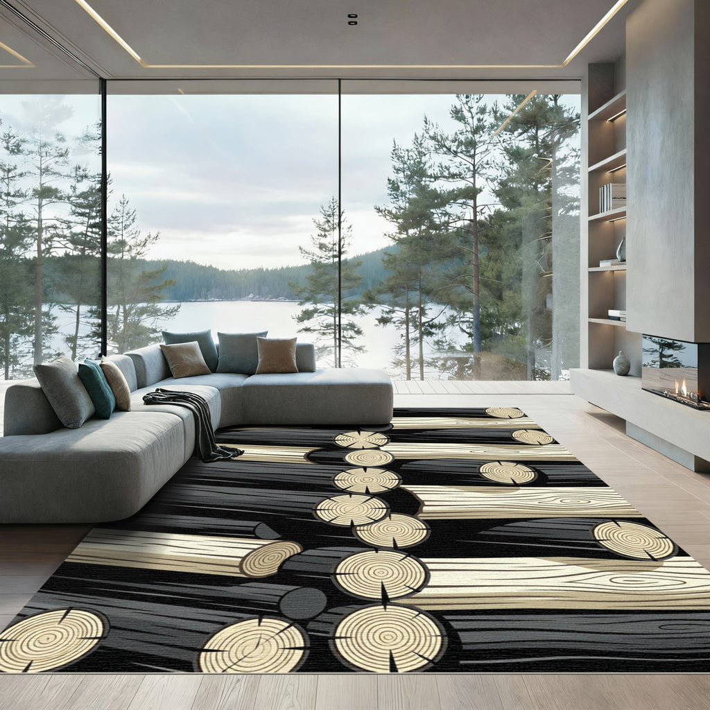 Monochrome Rustic Tiled Wood Log Stack Rug