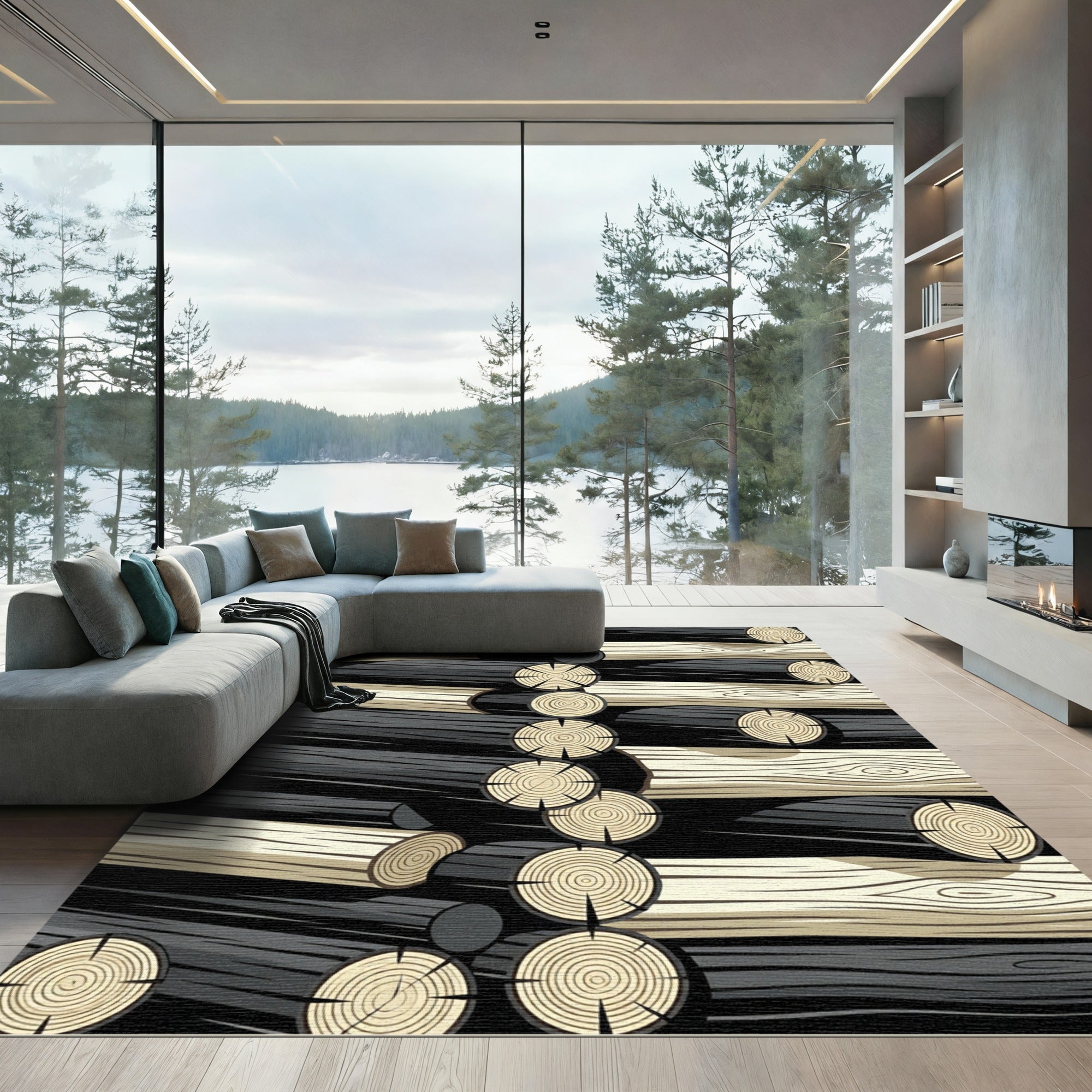 Monochrome Rustic Tiled Wood Log Stack Rug