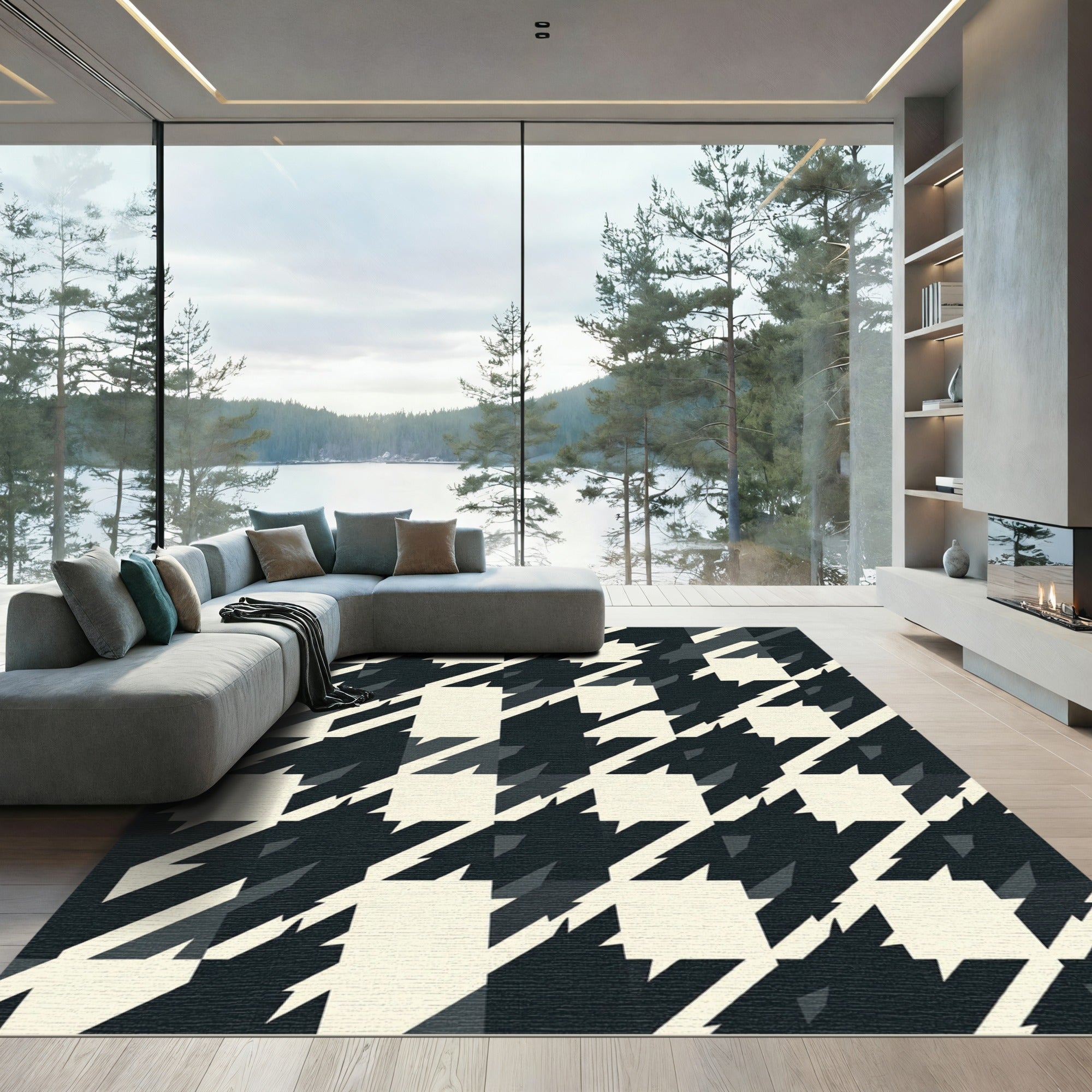 Modern Black and Cream Houndstooth Geometric Rug