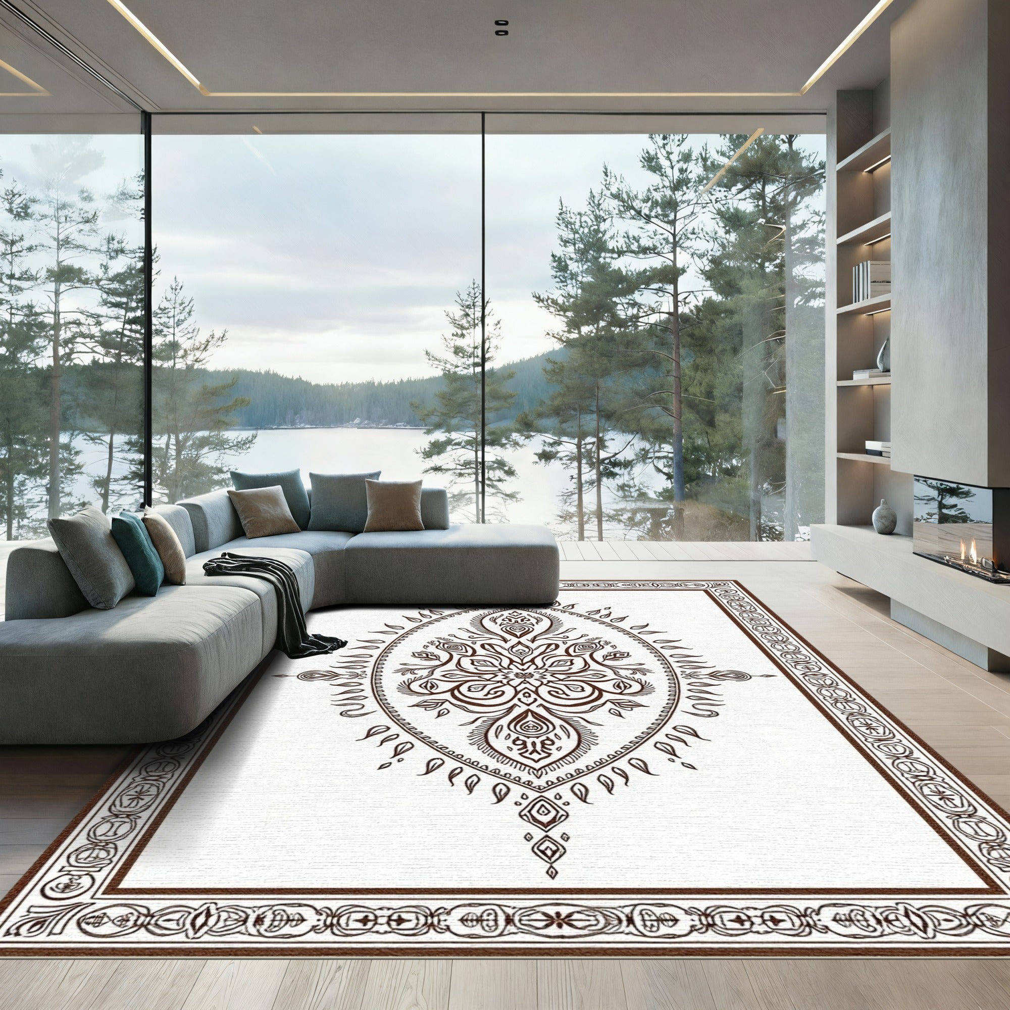 Brown Paisley Floral Medallion Border Rug