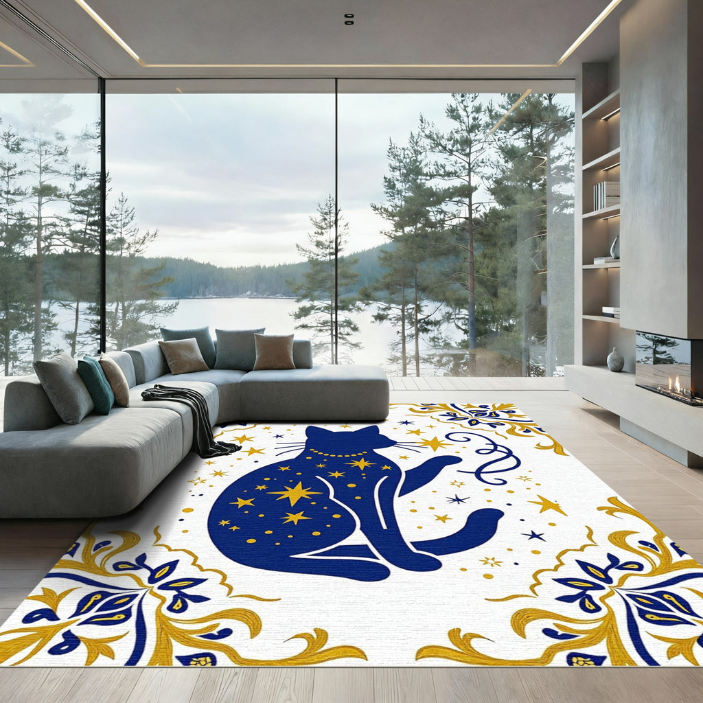 Midnight Blue Celestial Cat Stars Rug