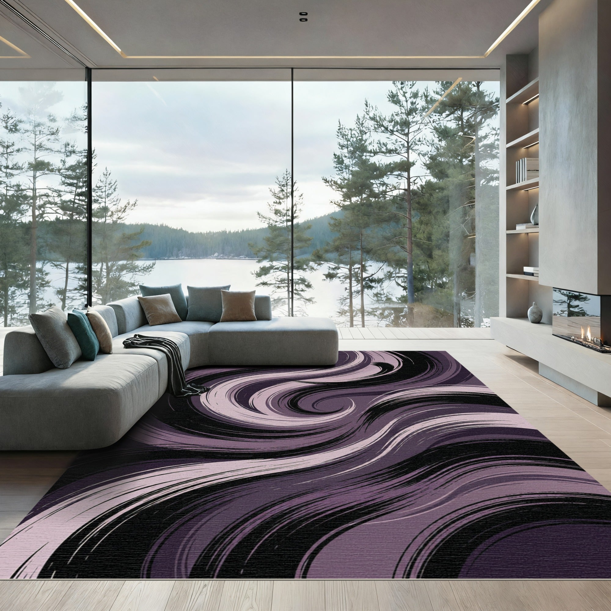 Moody Purple Abstract Swirl Waves Rug