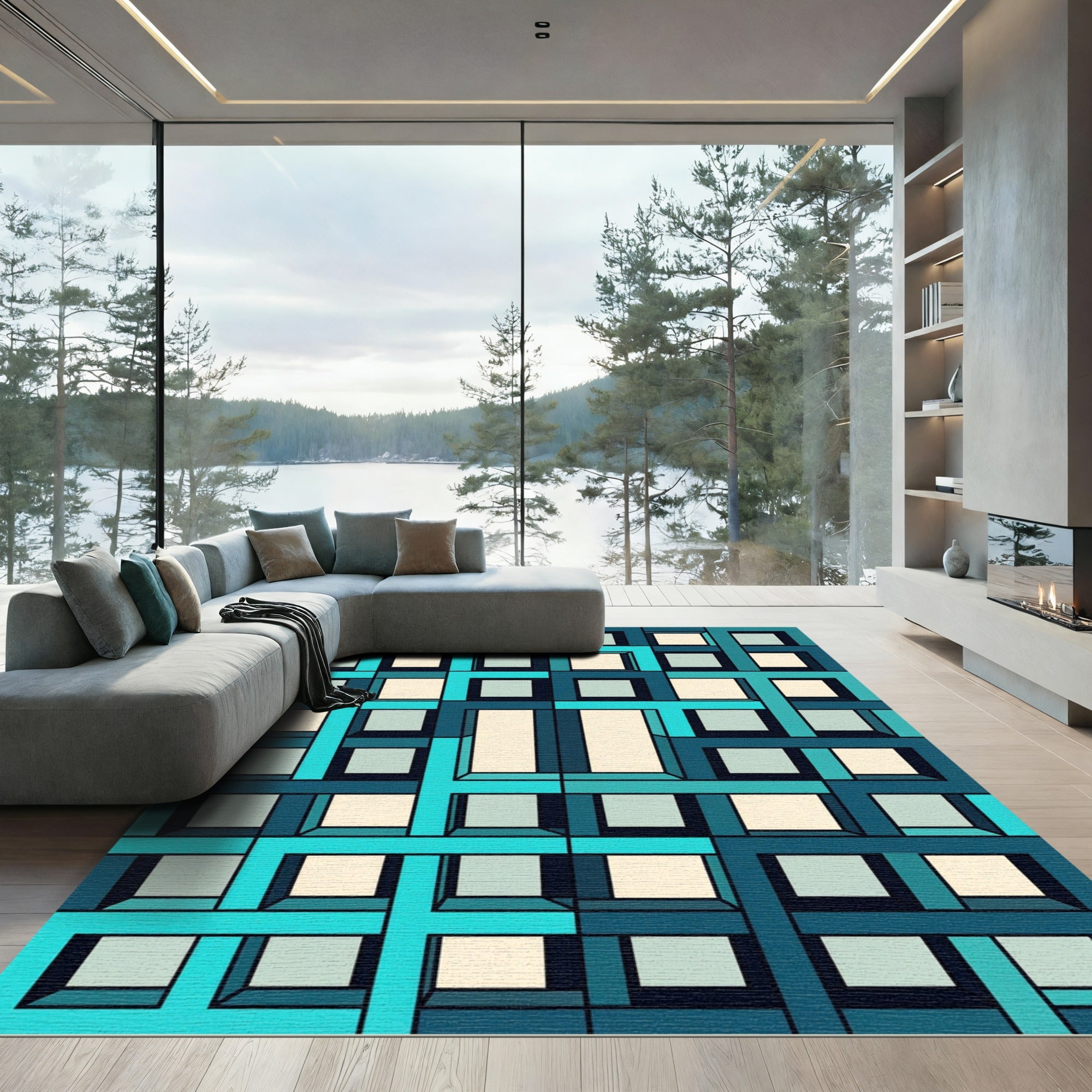 Teal Aqua Geometric Cubed Illusion Rug