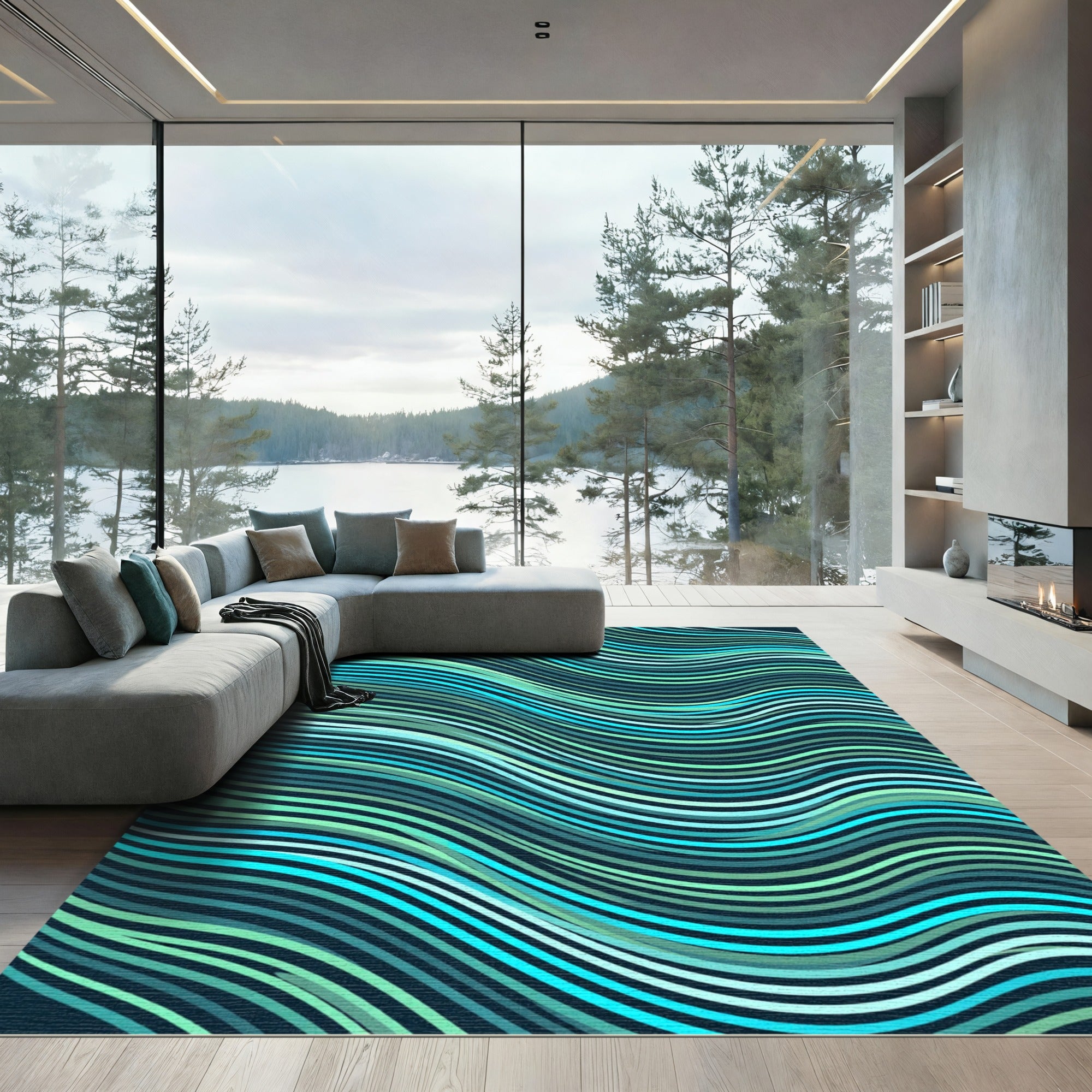 Aqua Teal Wavy Stripe Rug