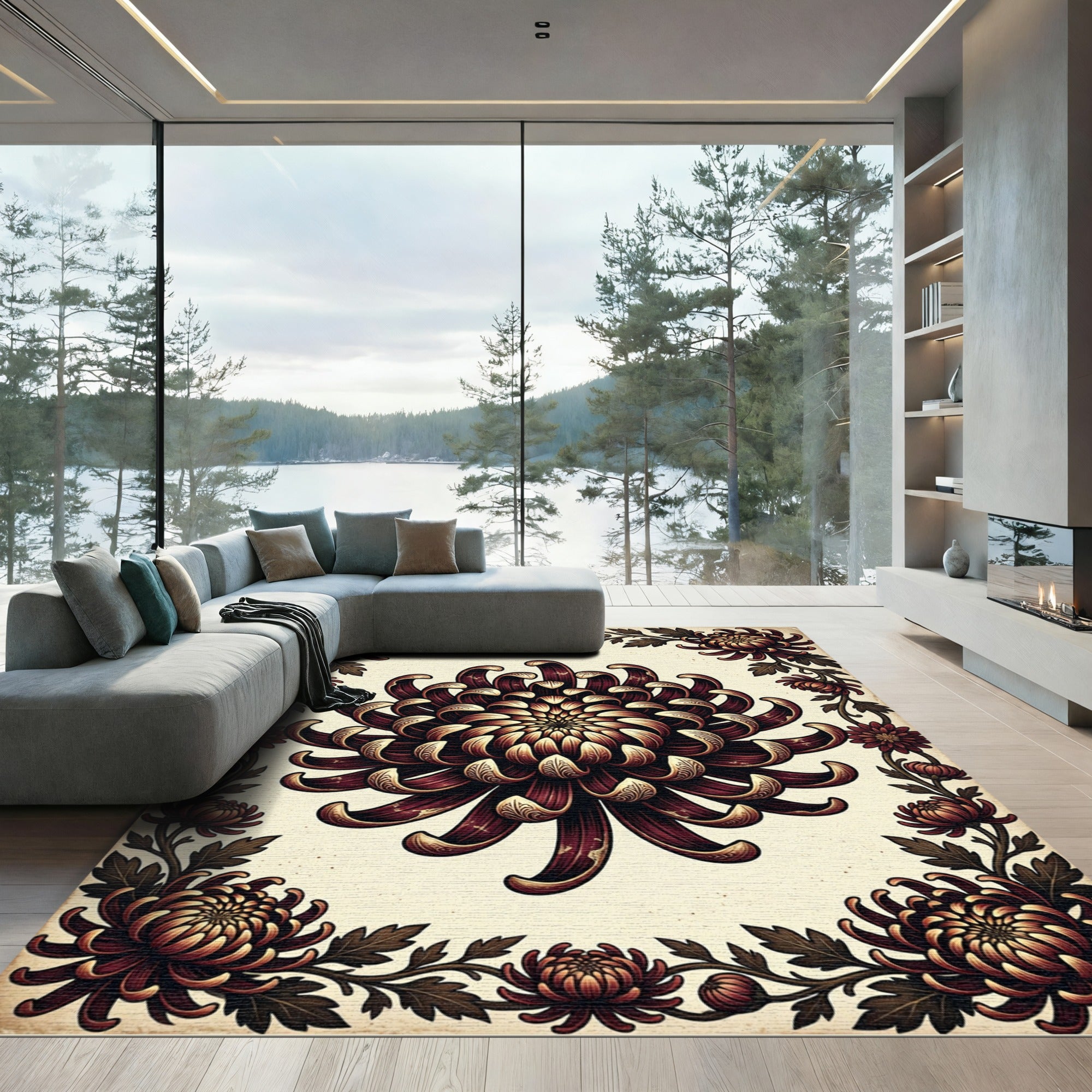 Dark Crimson Chrysanthemum Floral Ornate Rug