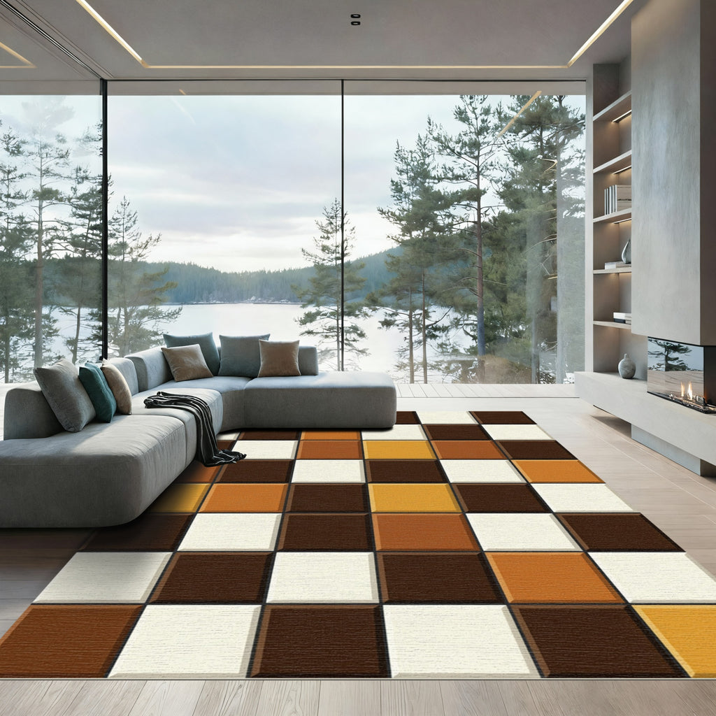 Modern Earth Toned Tiled Grid Rug