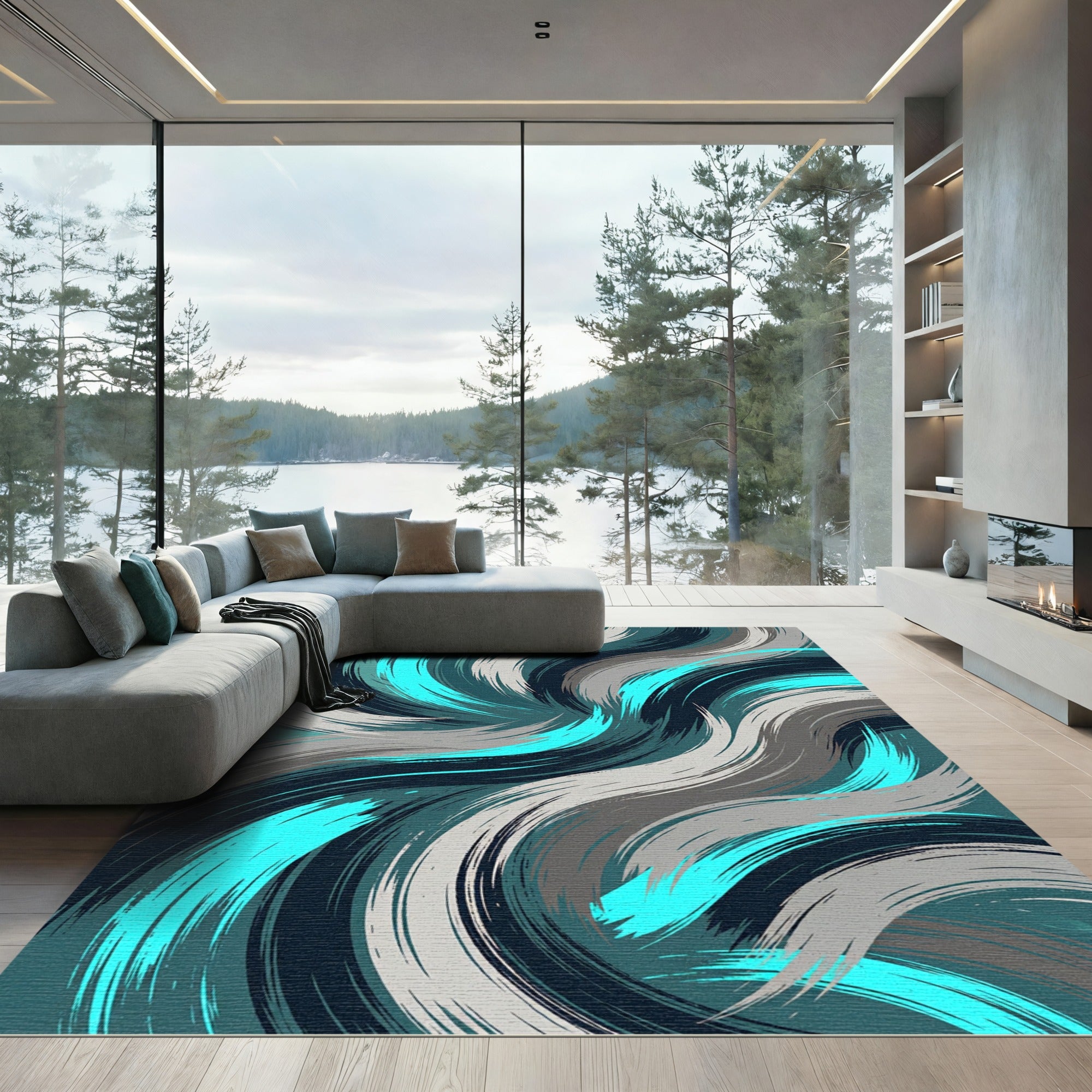 Teal Aqua Swirl Textured Strokes Rug