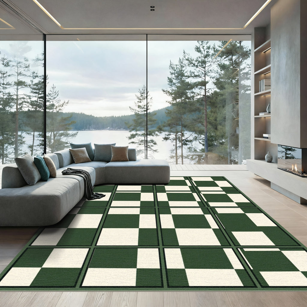 Deep Green Cream Checkerboard Composition Rug