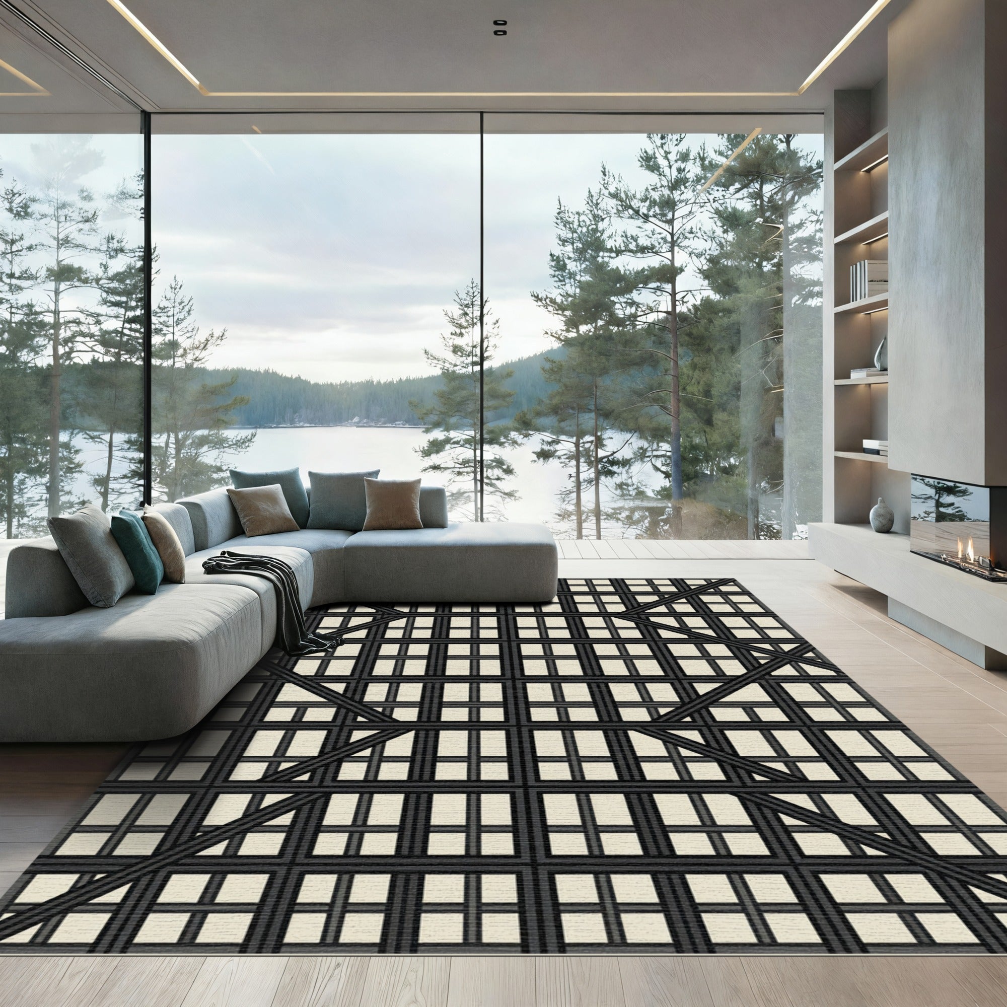 Modern Neutral Cream Grid Lattice Rug