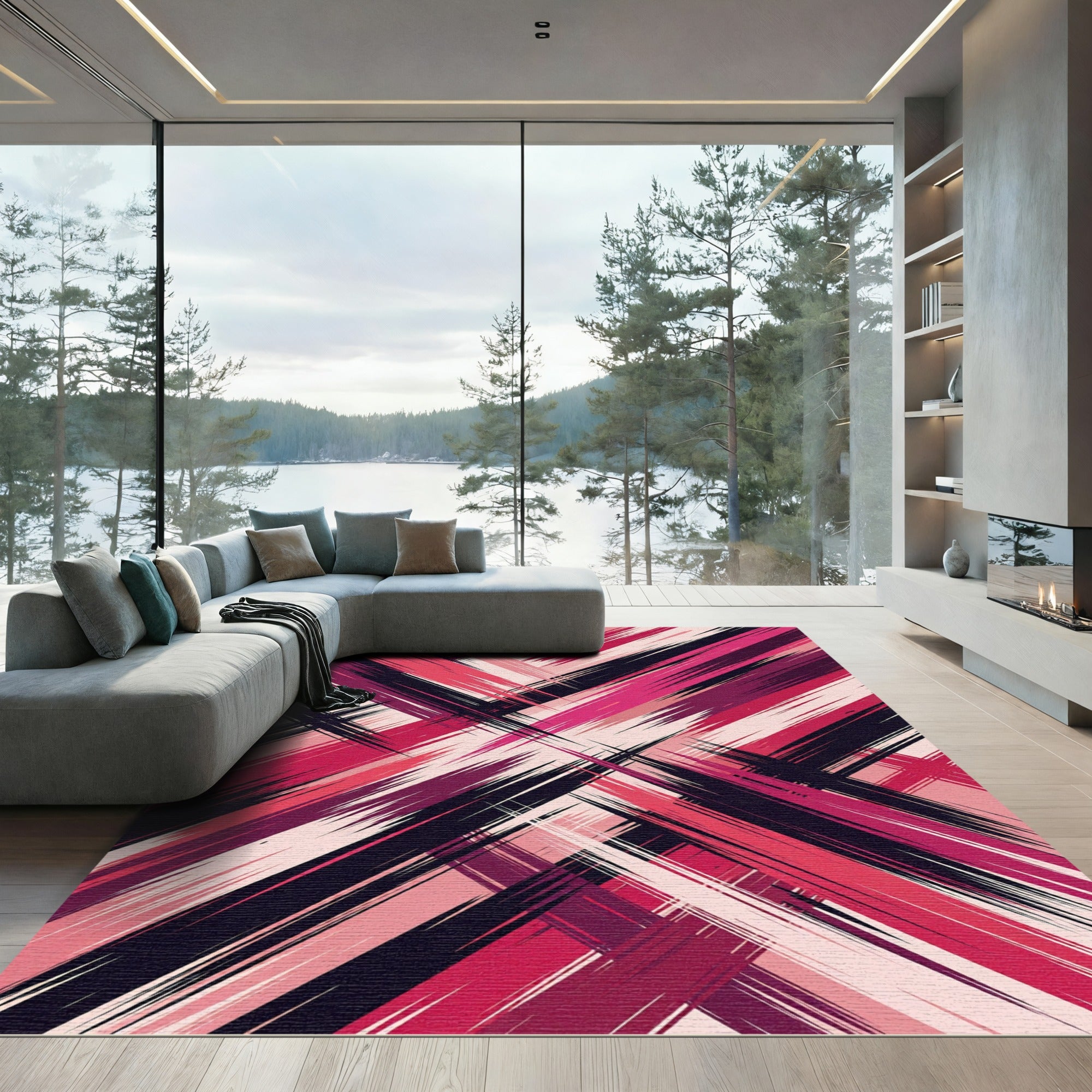 Crimson Berry Jagged Stripe Overlay Rug