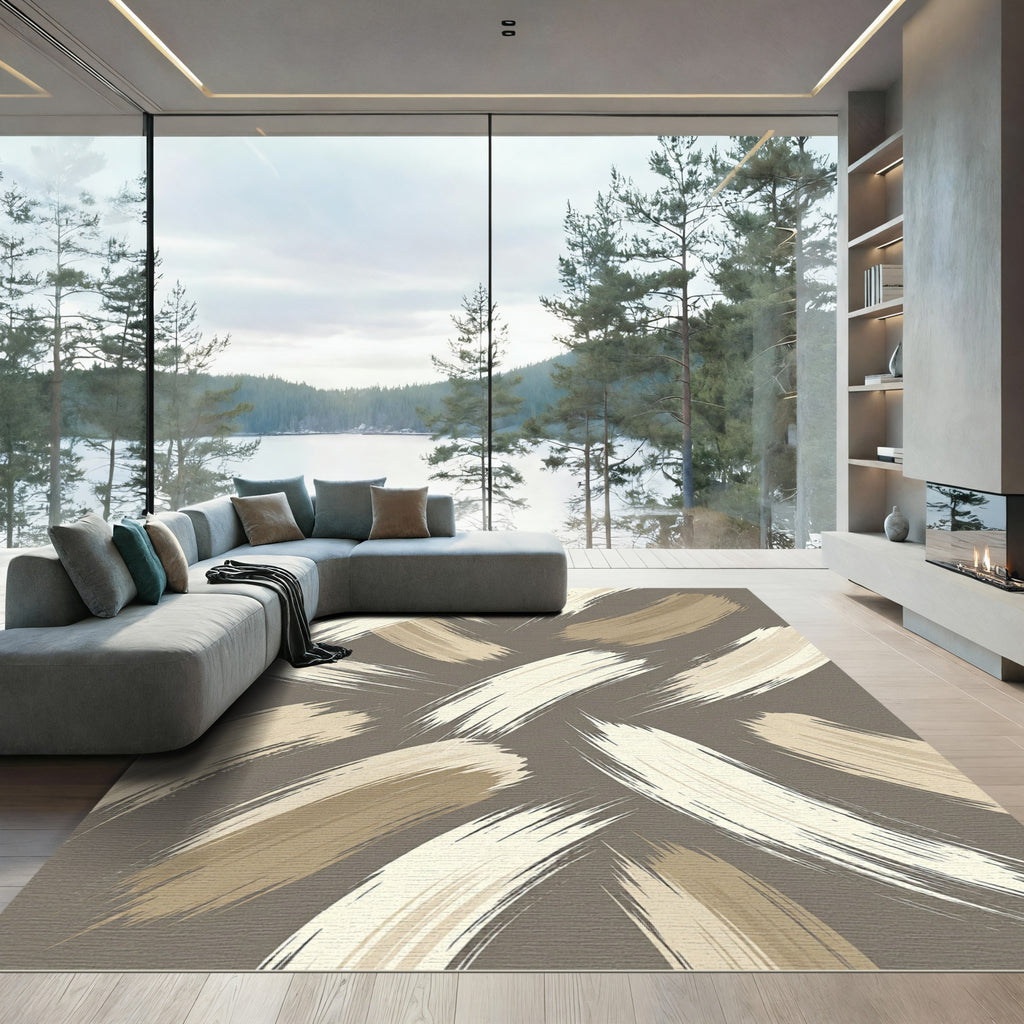 Modern Taupe Abstract Brush Stroke Rug