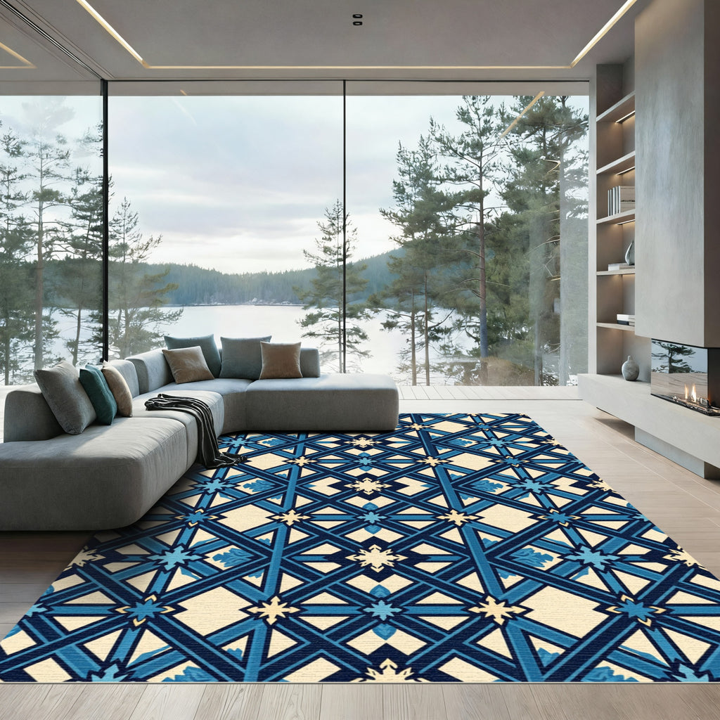 Navy Blue Geometric Star Entwined Lattice Rug