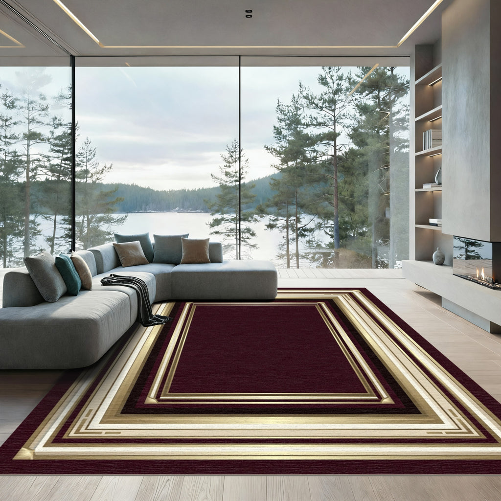 Elegant Deep Burgundy Golden Rectangular Frame Rug