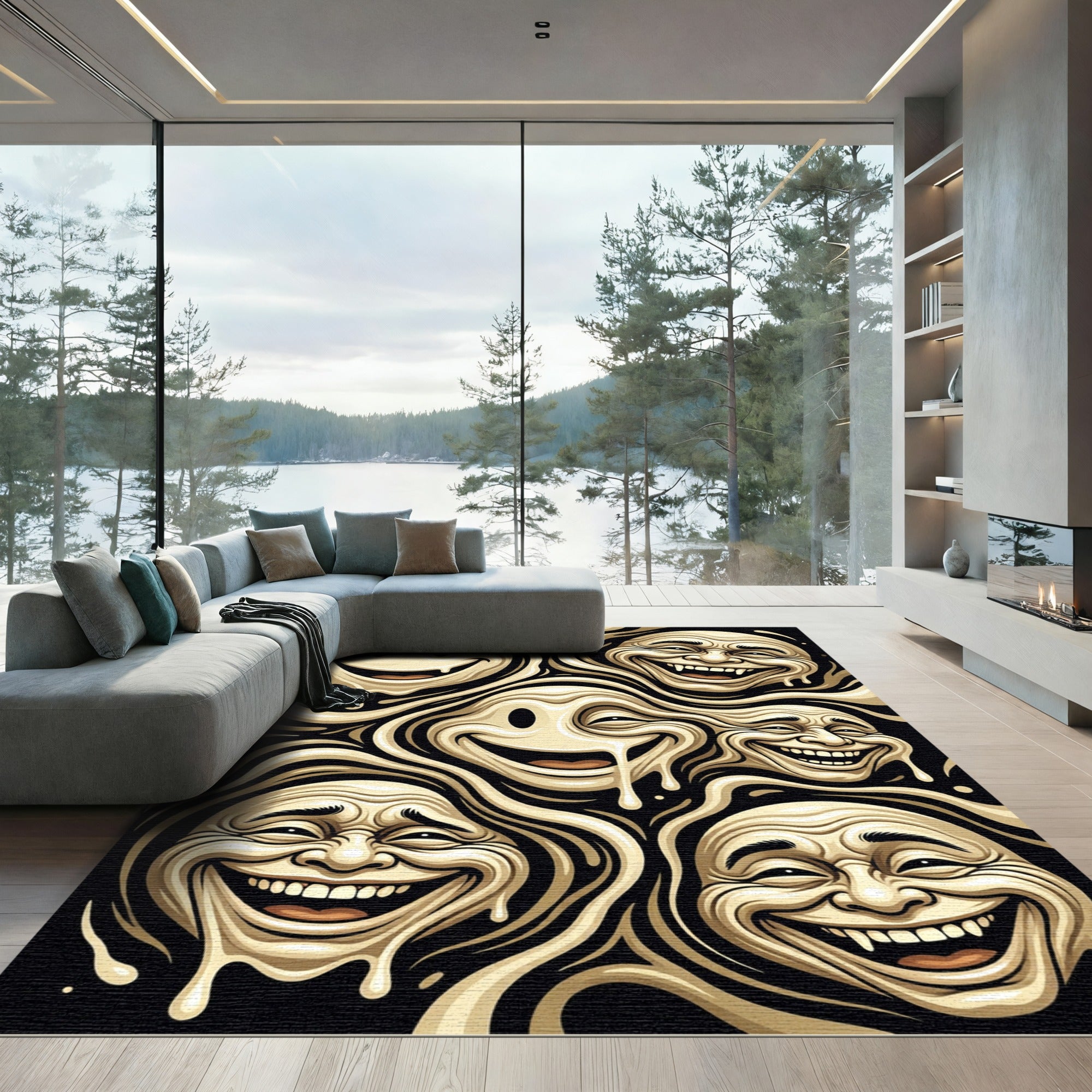 Surreal Liquid Gold Melted Face Art Rug
