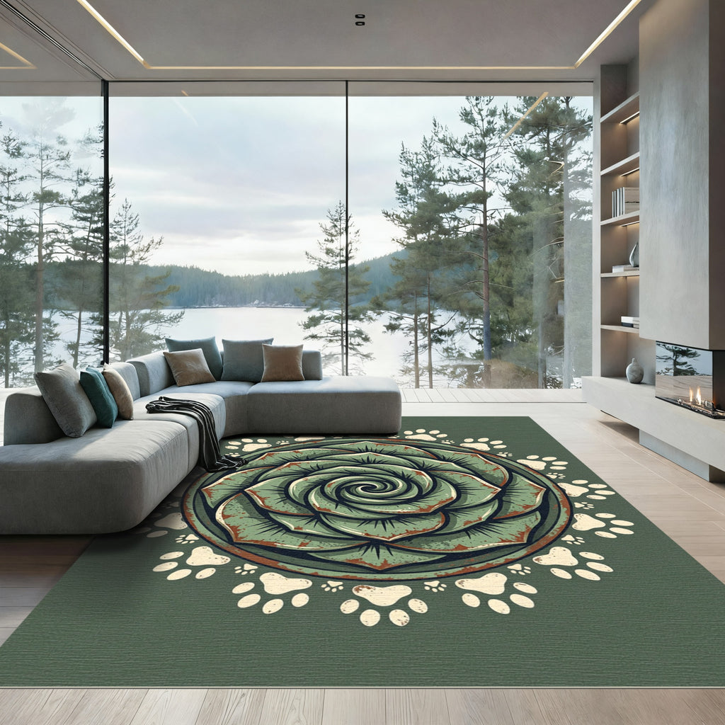 Sage Succulent Mandala with Paw Prints Rug