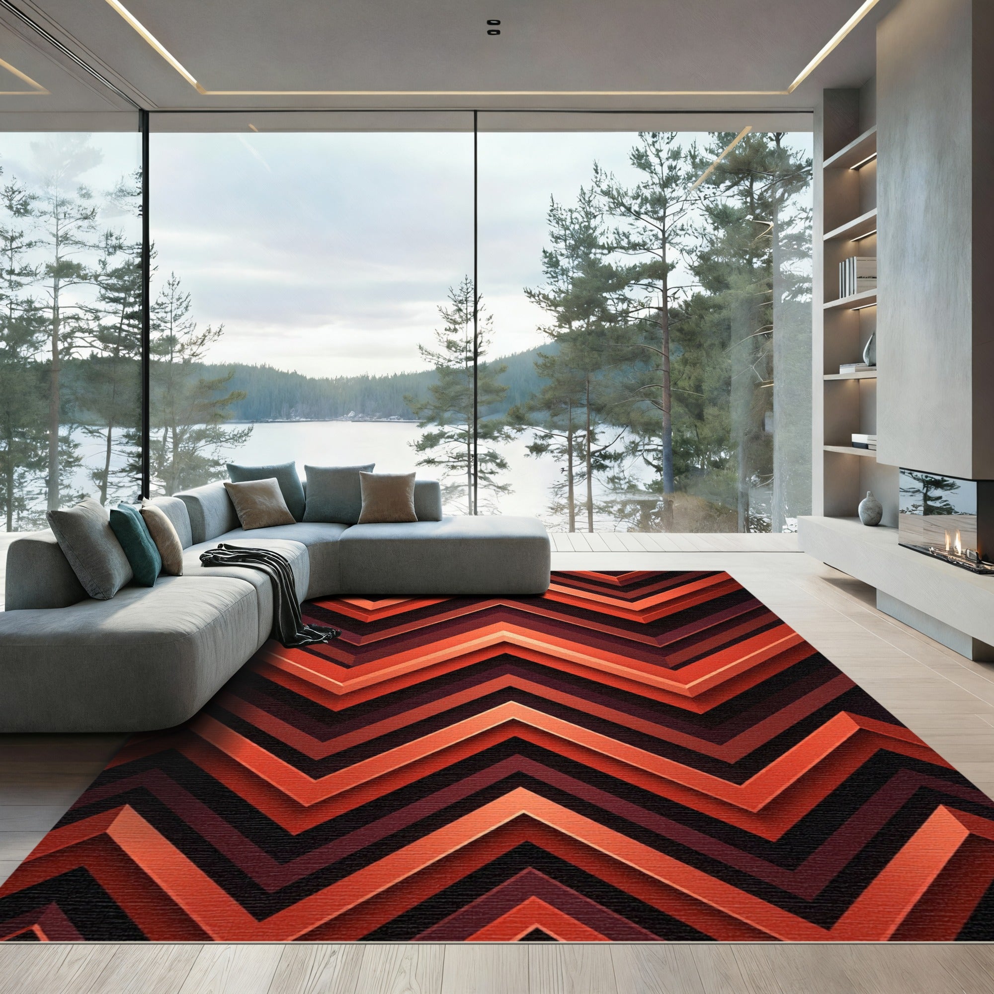 Terracotta Orange Chevron Layered Rug