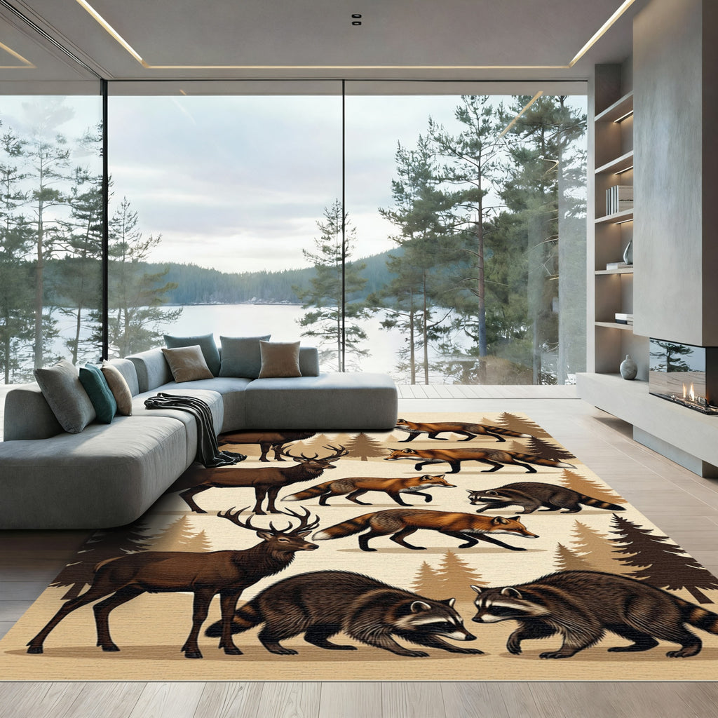 Rustic Forest Wildlife Animal Scene Rug
