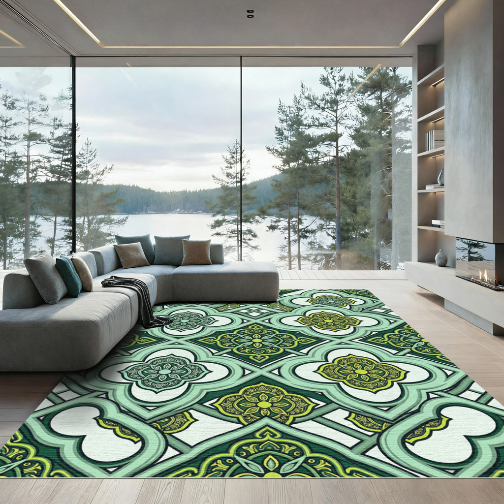 Elegant Emerald Quatrefoil Geometric Tile Rug