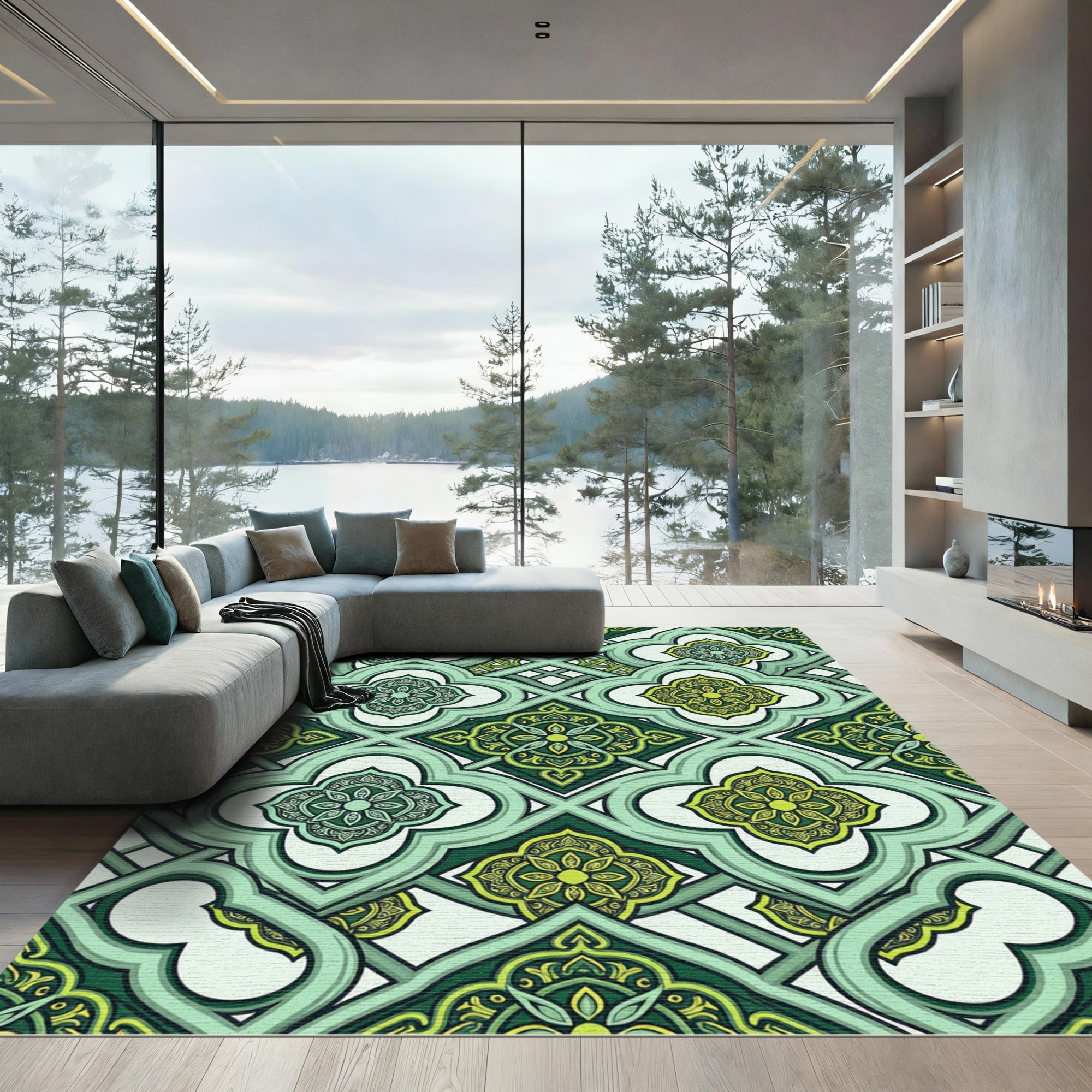 Elegant Emerald Quatrefoil Geometric Tile Rug
