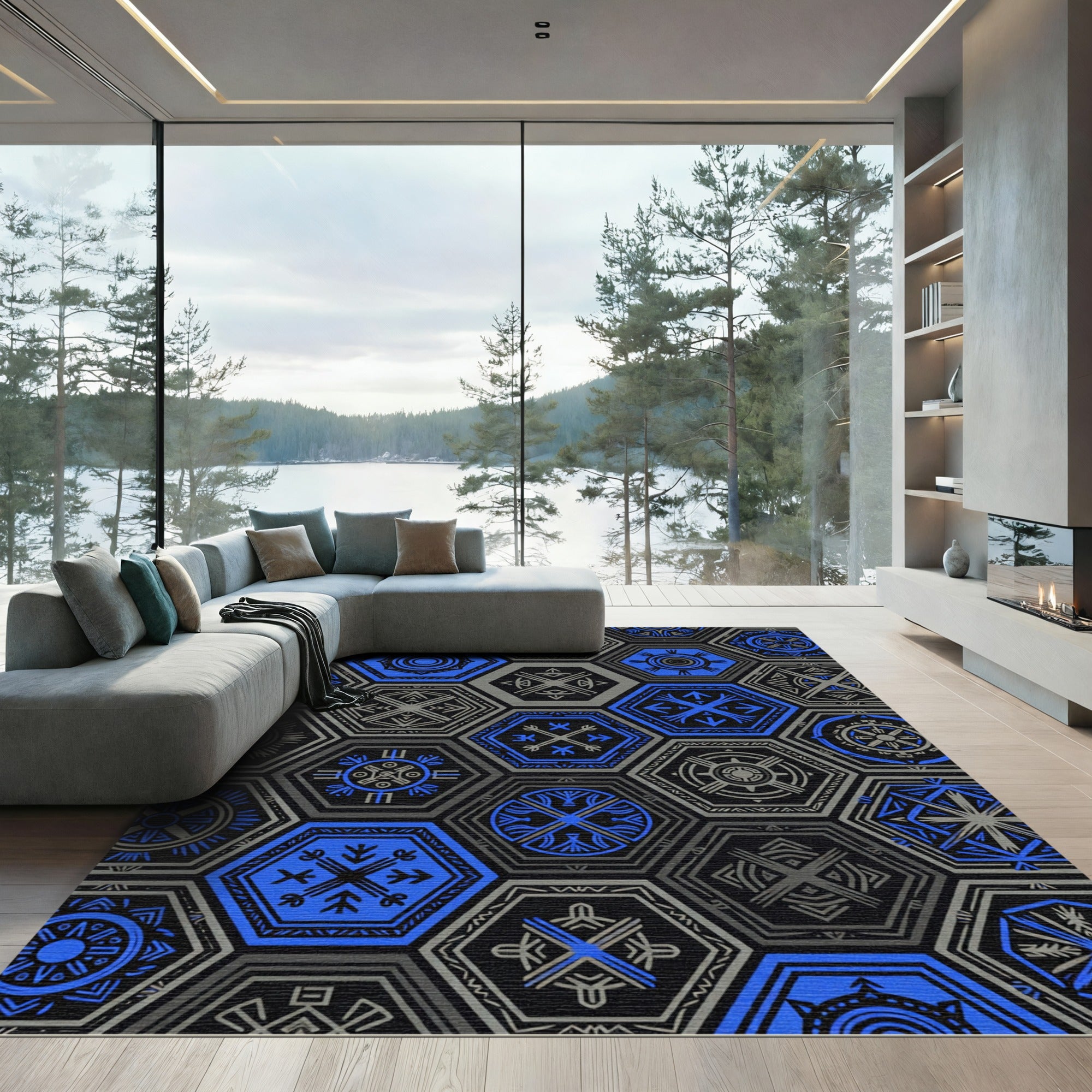 Geometric Hexagonal Azure and Charcoal Shorthand Rug