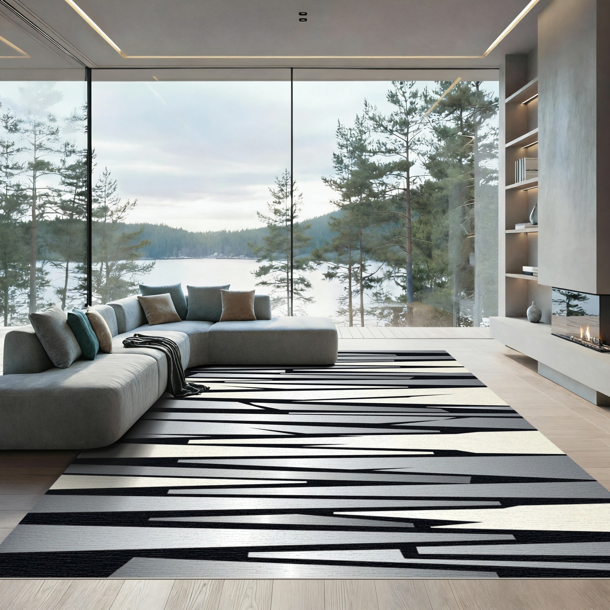Monochromatic Silver Abstract Geometric Sharp Strips Rug