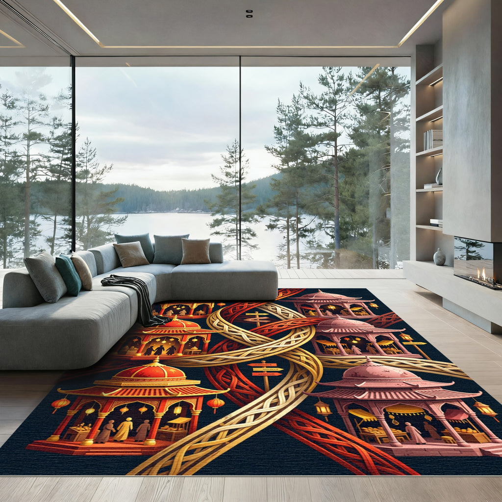 Red Gold Pagoda Lattice Tapestry Rug