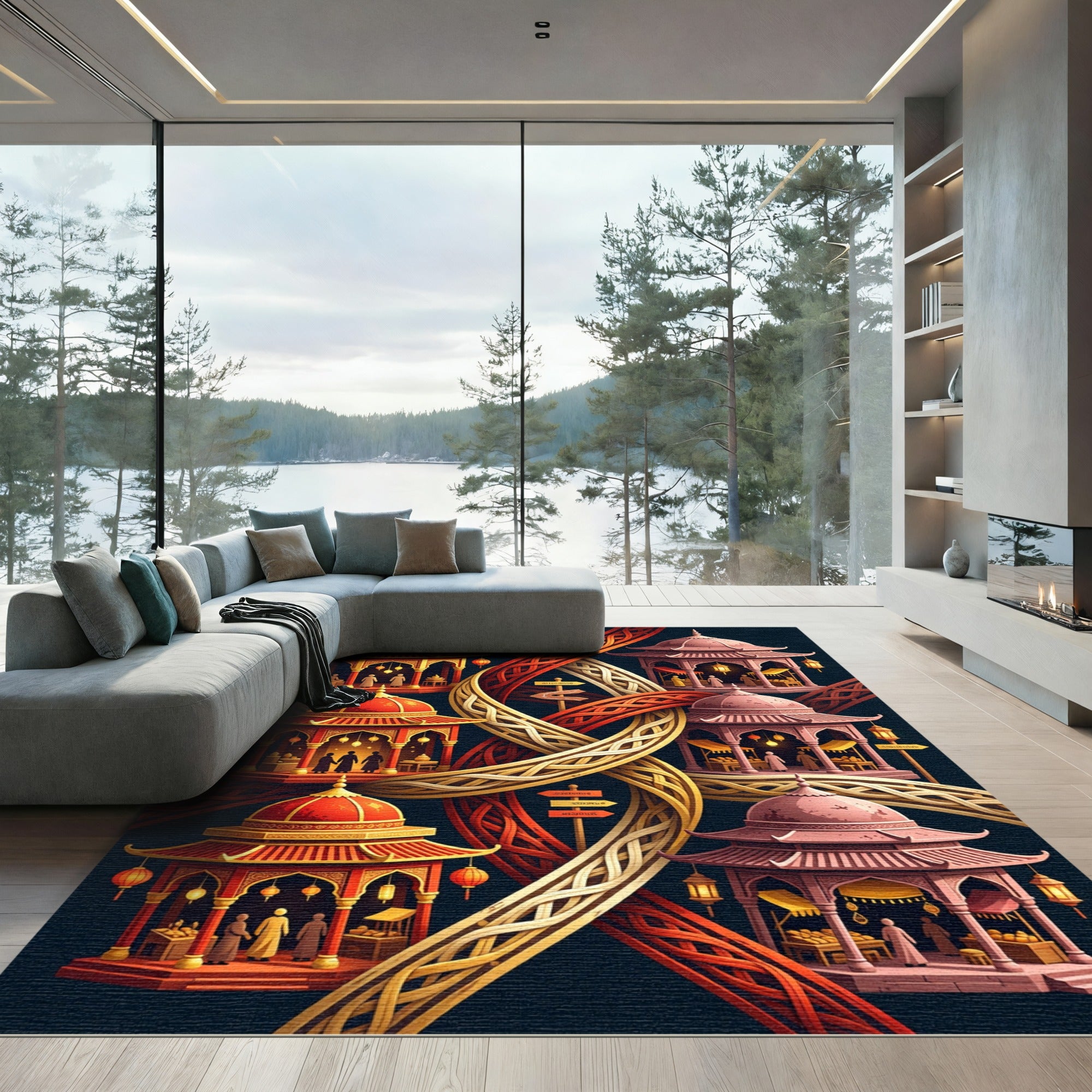 Red Gold Pagoda Lattice Tapestry Rug