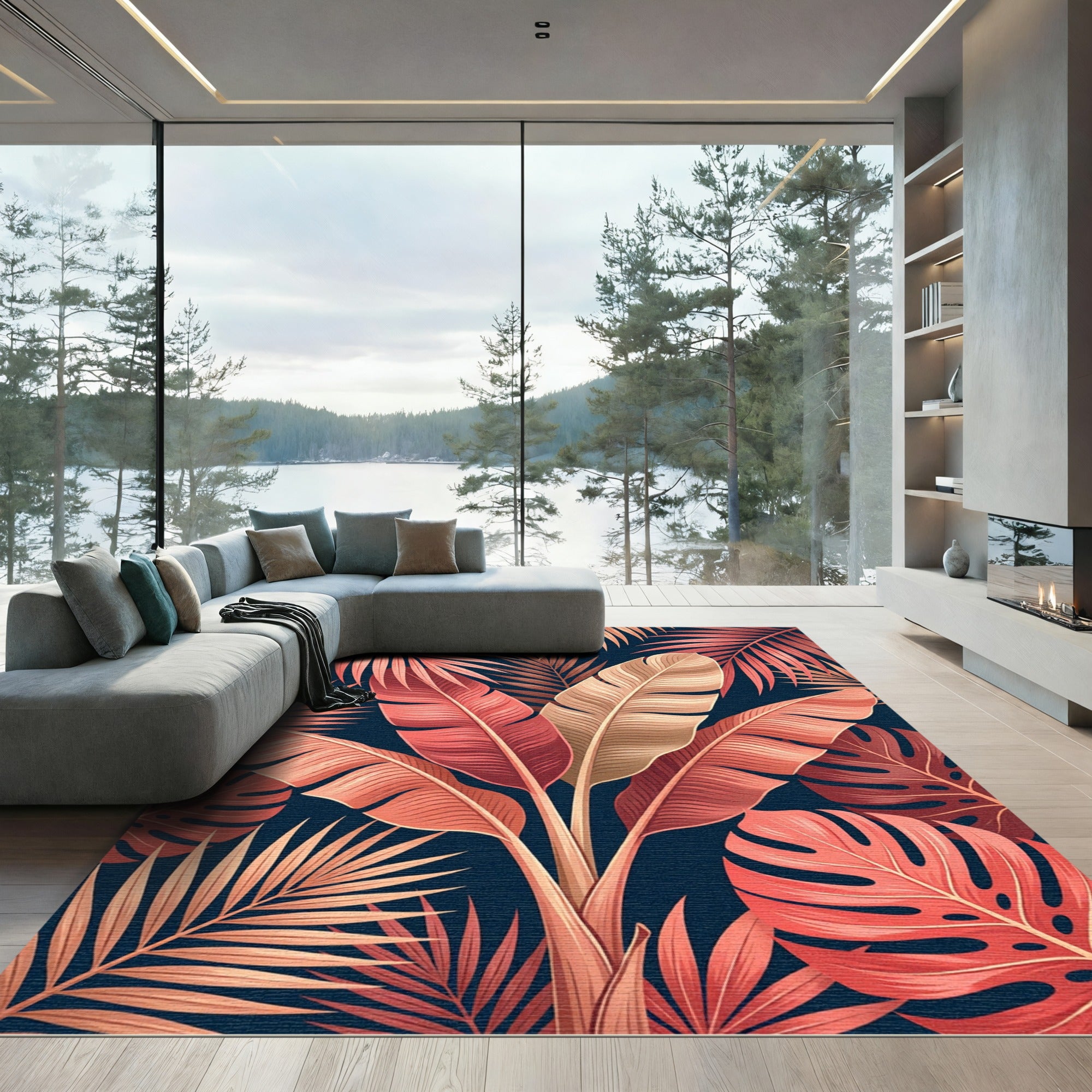 Coral Pink Tropical Leaf Arrangement Rug