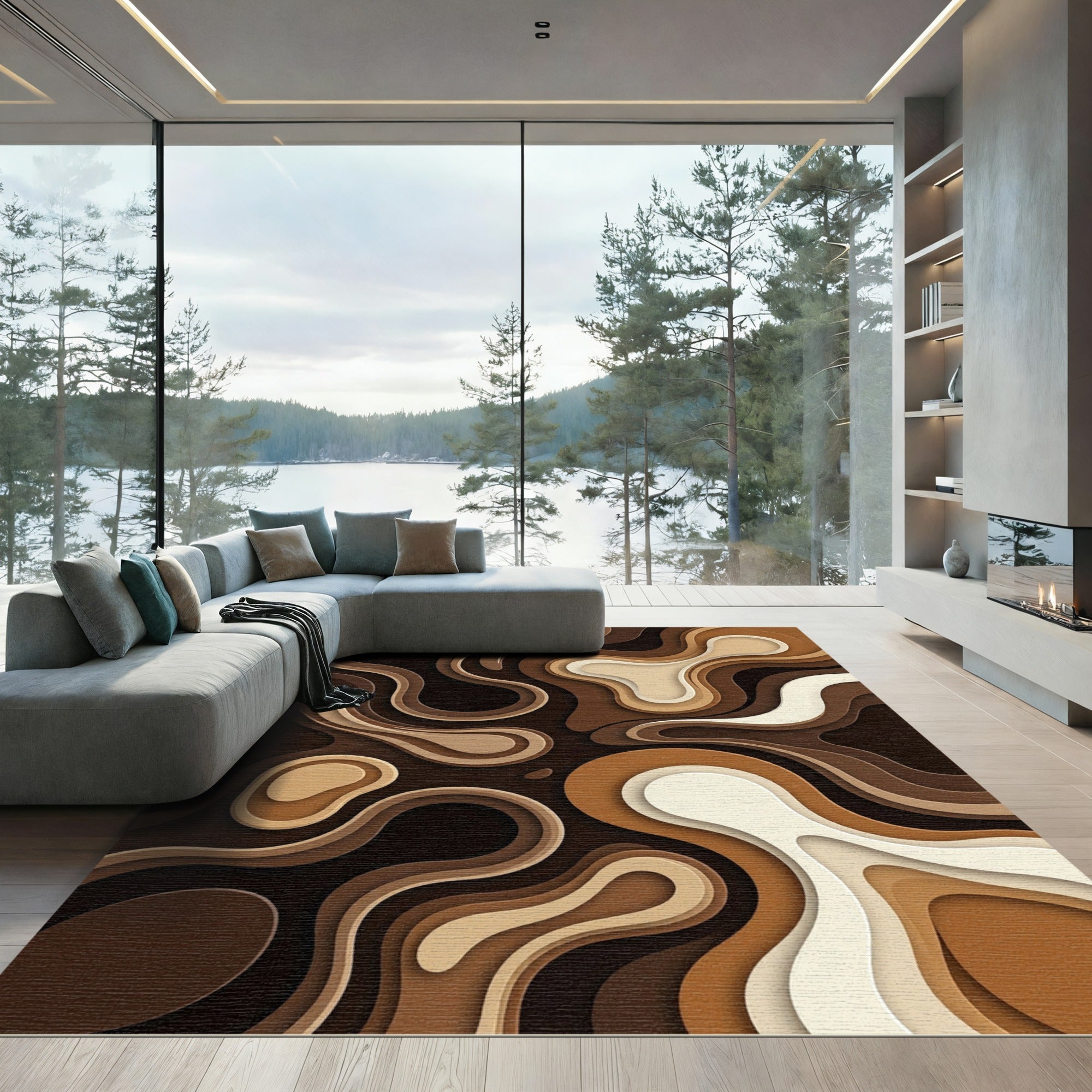 Rich Coffee Swirl Layered Rug