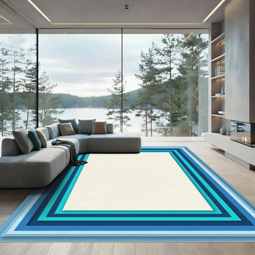 Layered Blue And Cream Geometric Rug