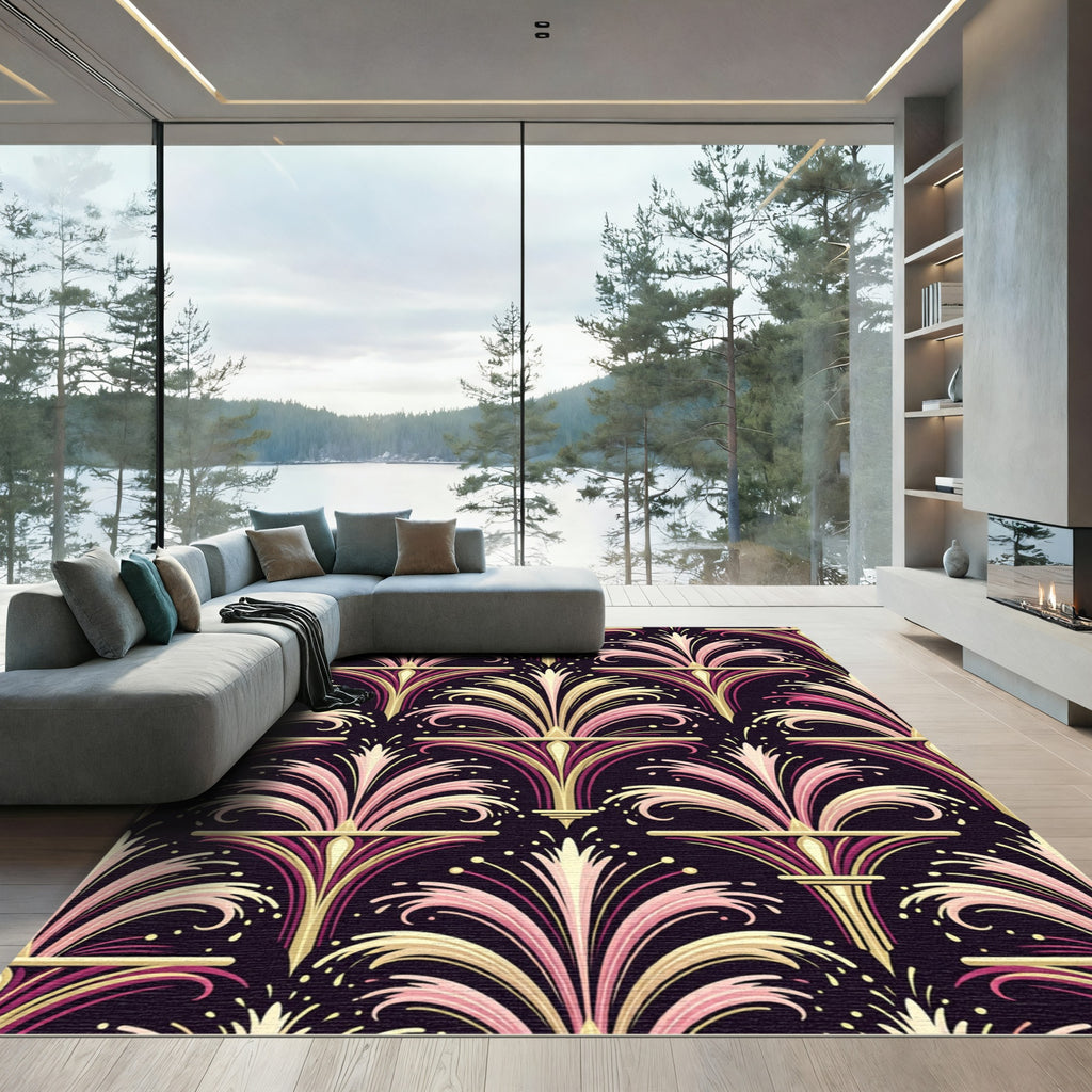 Art Deco Pink Gold Floral Fan Rug