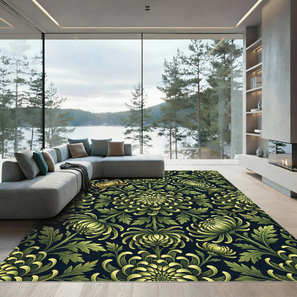 Vintage Sage Chrysanthemum Dark Botanical Rug