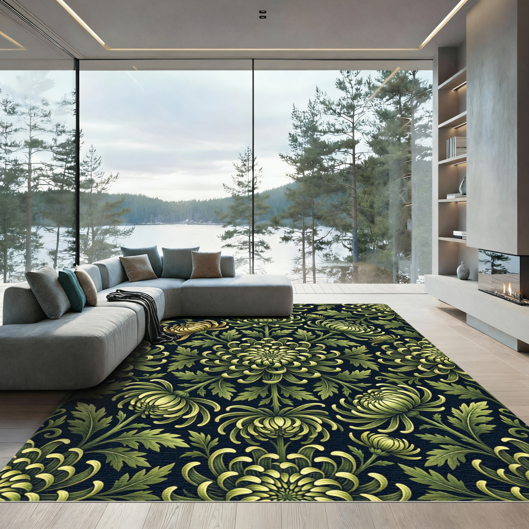 Vintage Sage Chrysanthemum Dark Botanical Rug