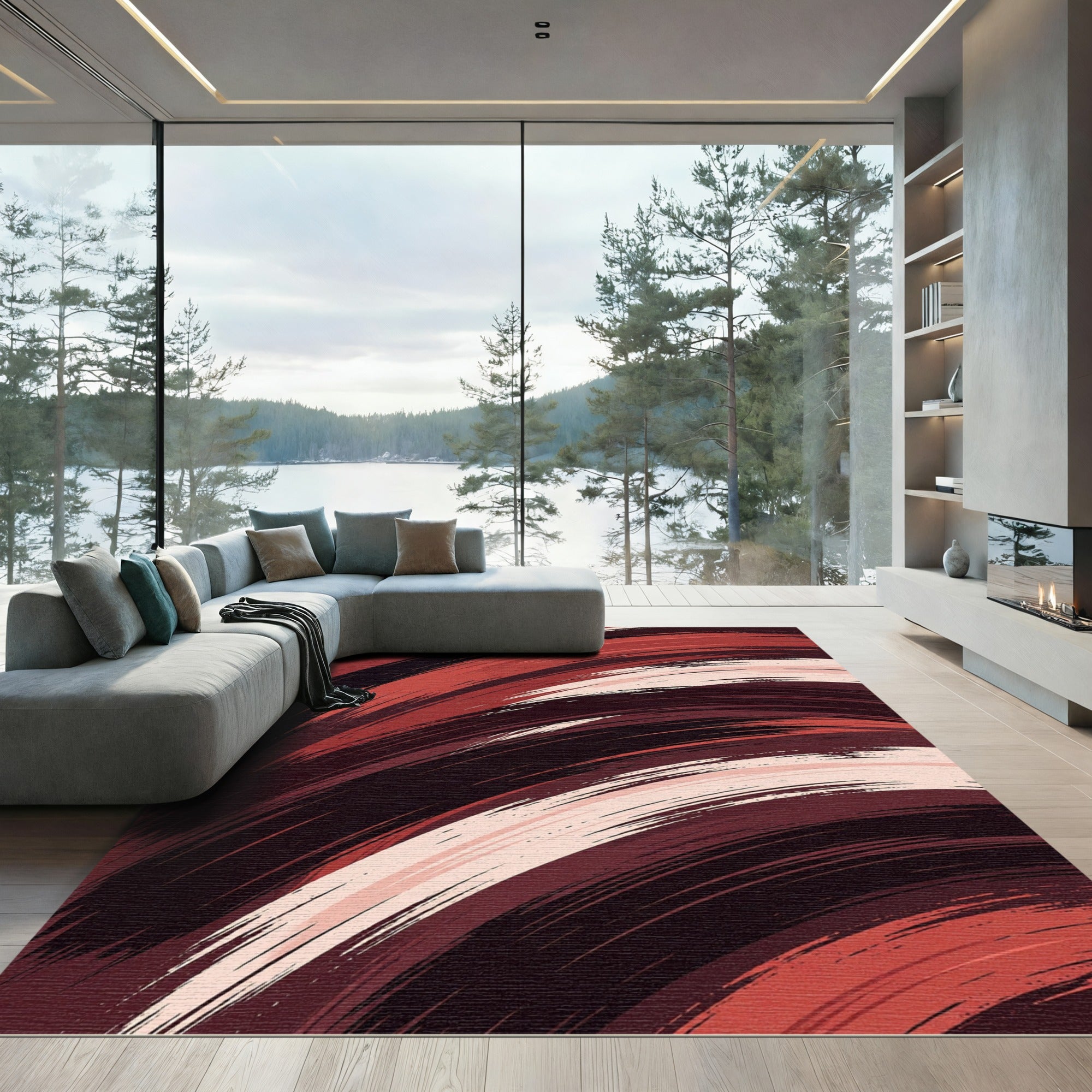 Crimson Brushstroke Swirl Rug