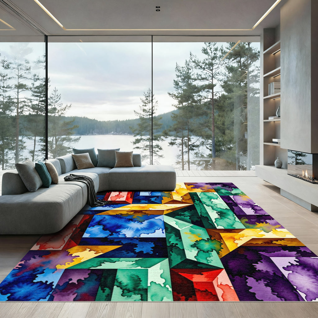 Vibrant Geometric Watercolor Cube Multicolored Art Rug