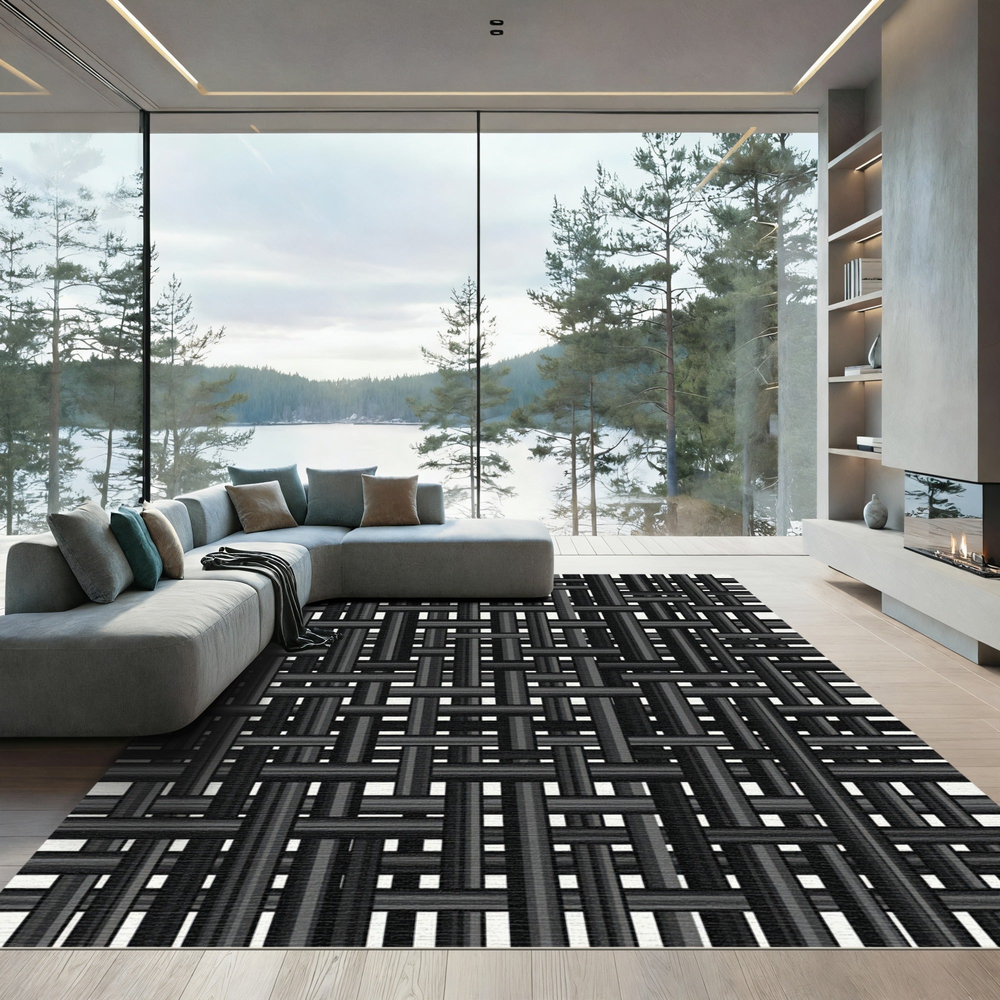 Modern Charcoal Interlaced Grid Texture Rug