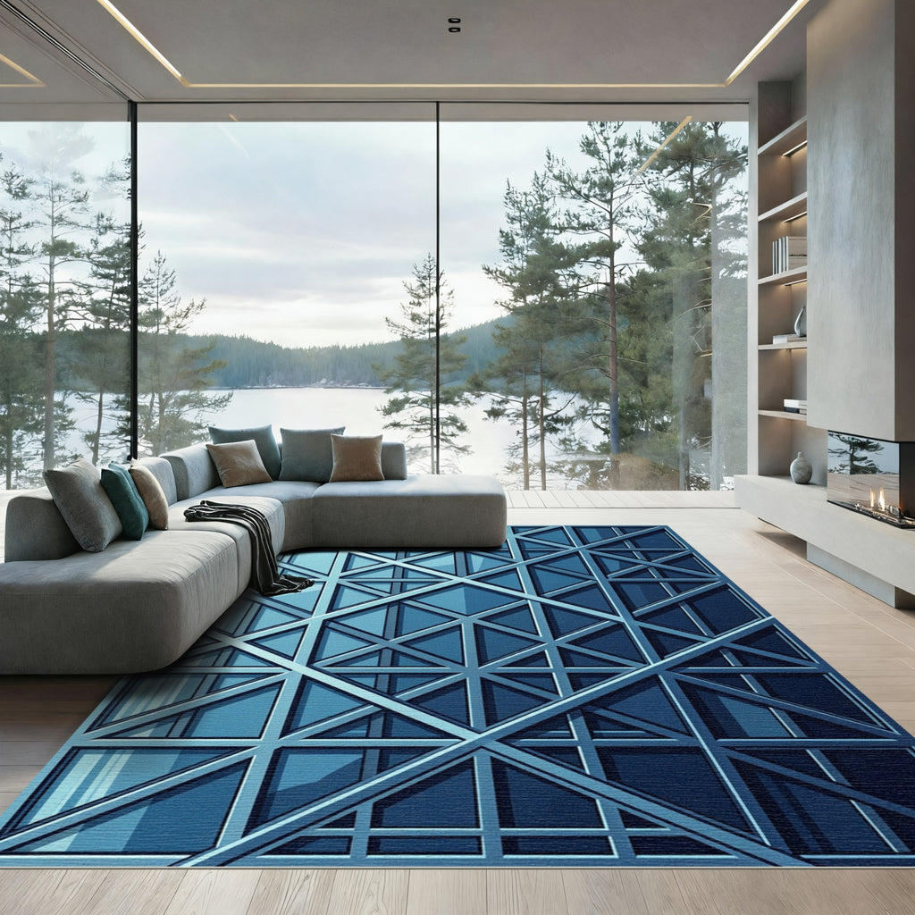 Modern Steel Blue Geometric Lattice Grid Rug