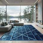 Modern Steel Blue Geometric Lattice Grid Rug