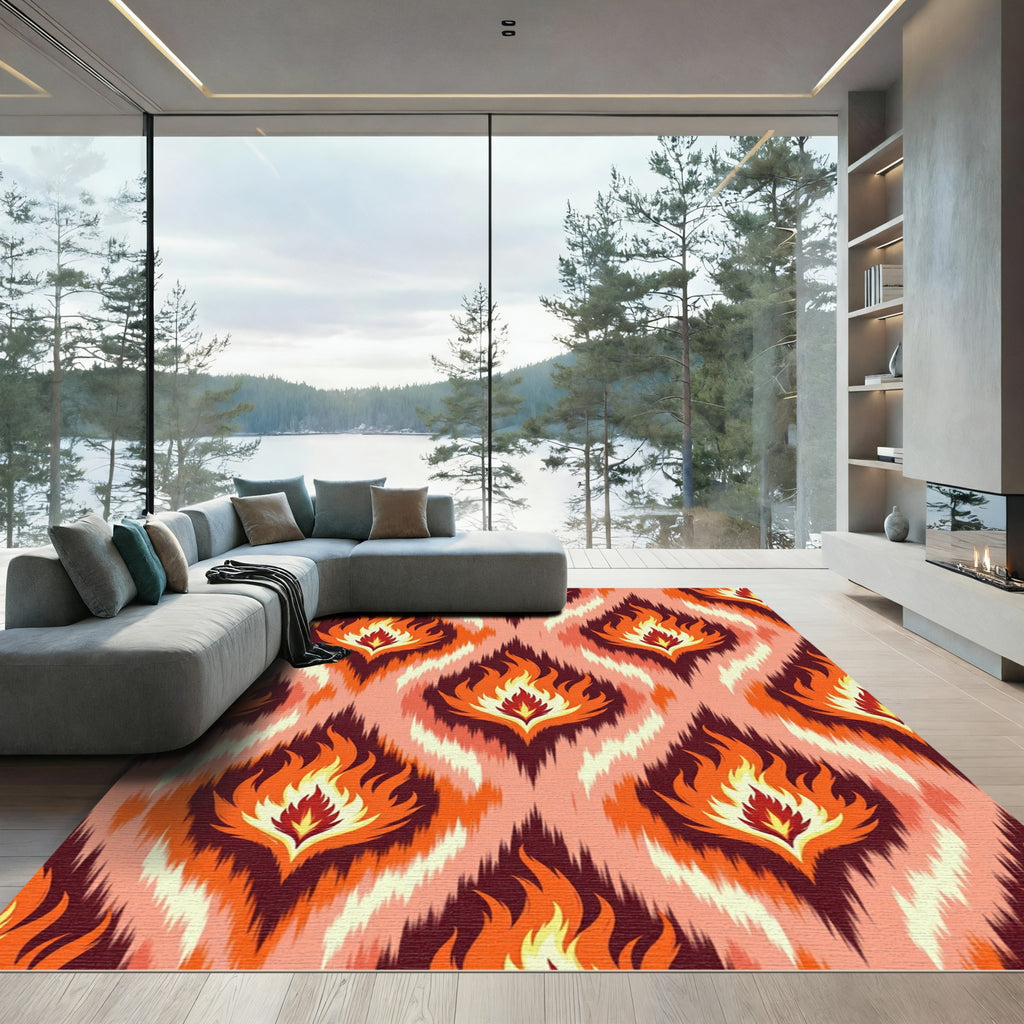 Fiery Red Orange Flame Ikat Rug
