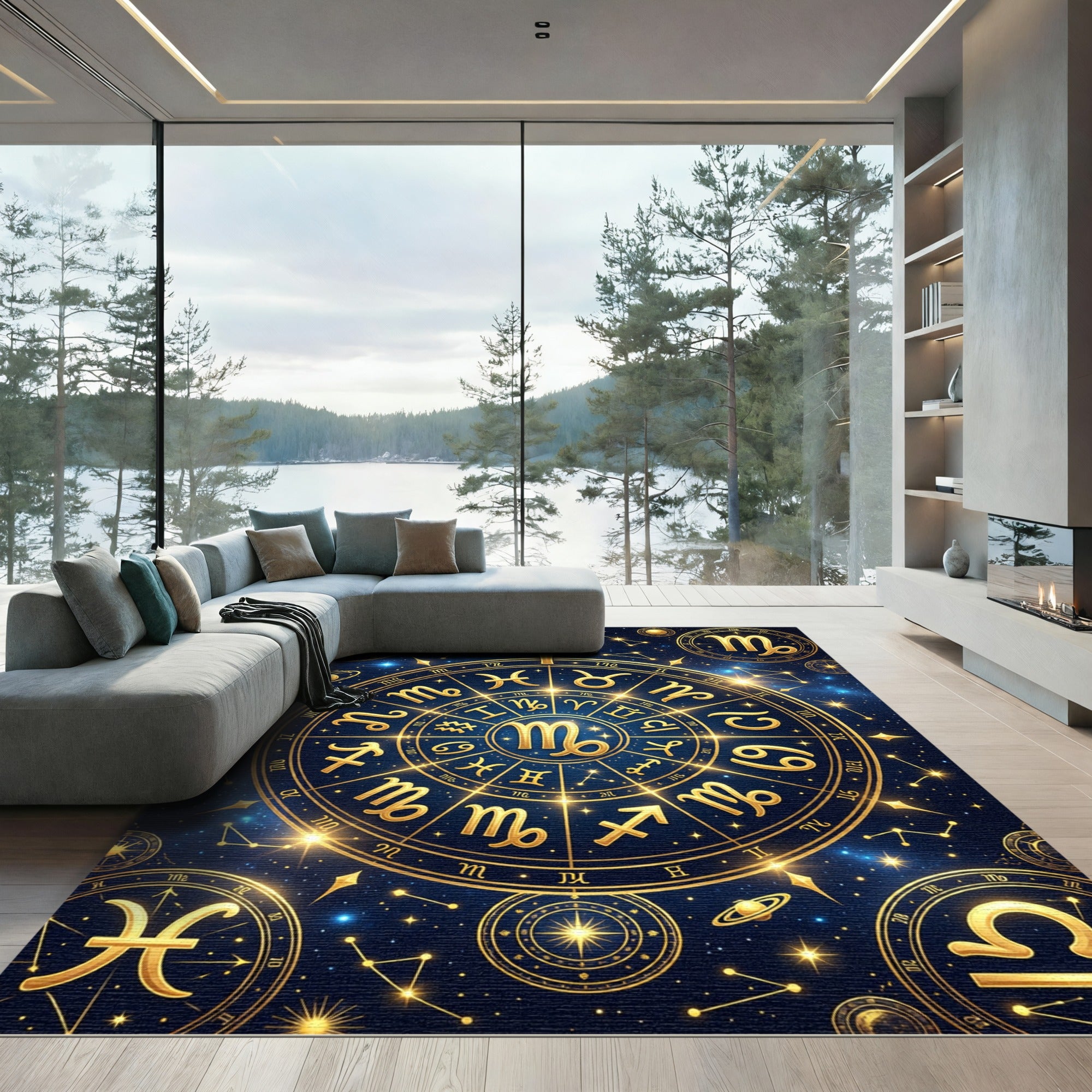 Celestial Golden Zodiac Constellation Map Rug