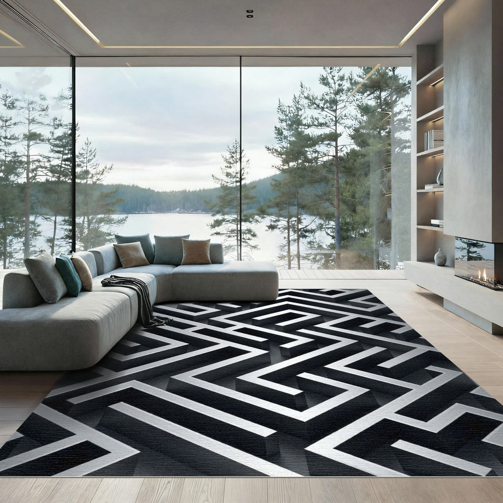 Monochromatic Silver Geometric Labyrinth Rug