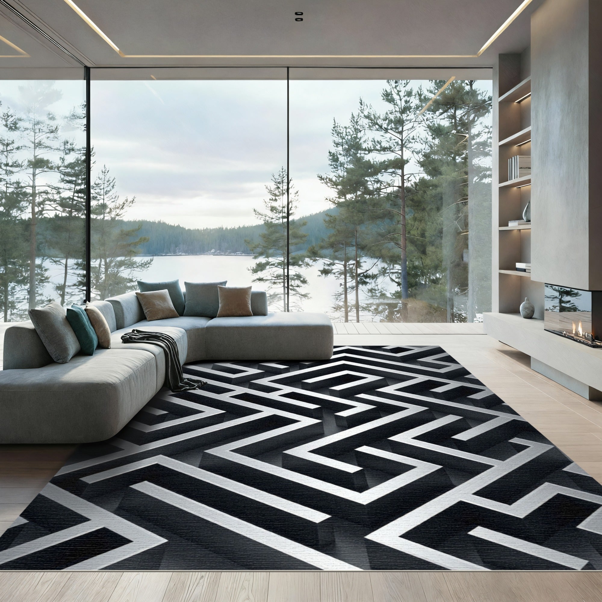 Monochromatic Silver Geometric Labyrinth Rug