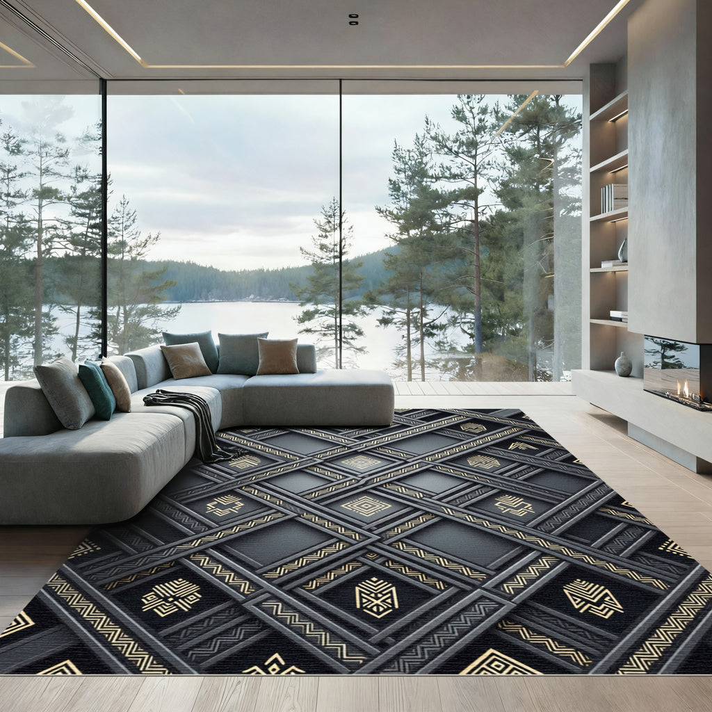 Dark Gold Geometric Lattice Rug