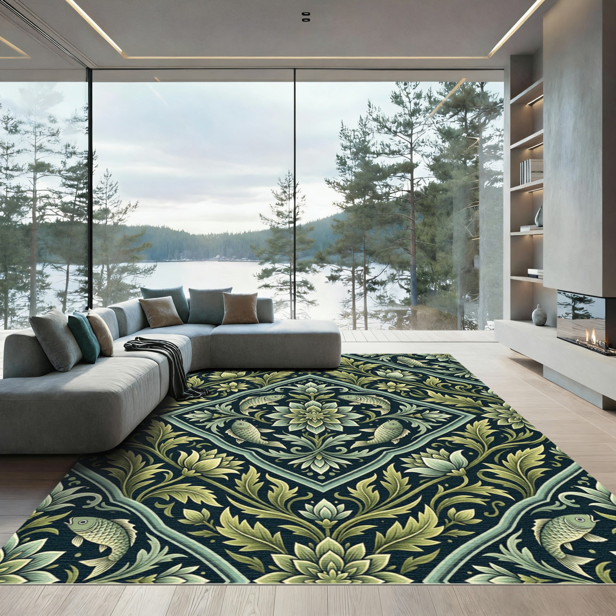 Deep Green Floral Fish Medallion Rug