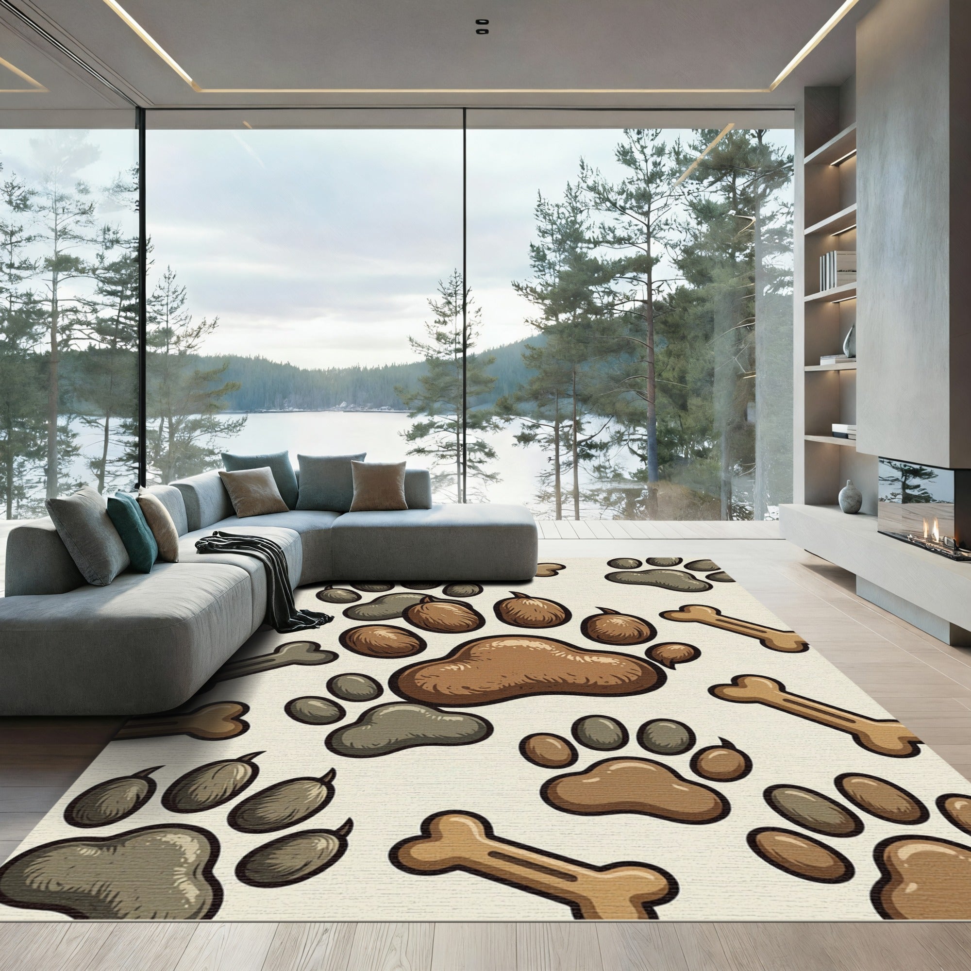Playful Brown Paw and Bone Illustration Rug