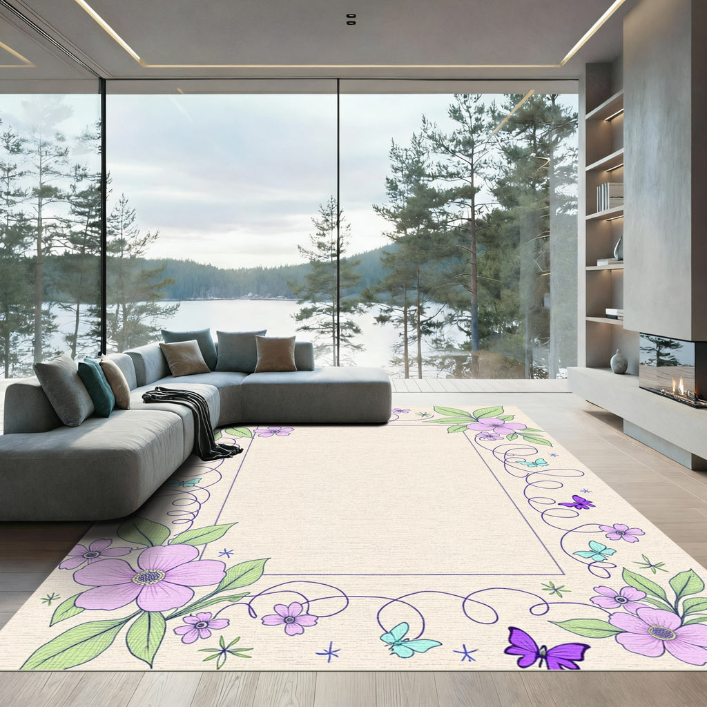 Pastel Lavender Floral Butterfly Swirl Rug