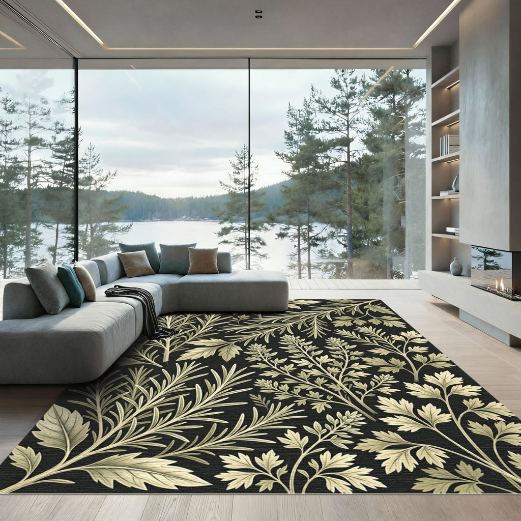 Cream Botanical Herb Foliage on Black Rug