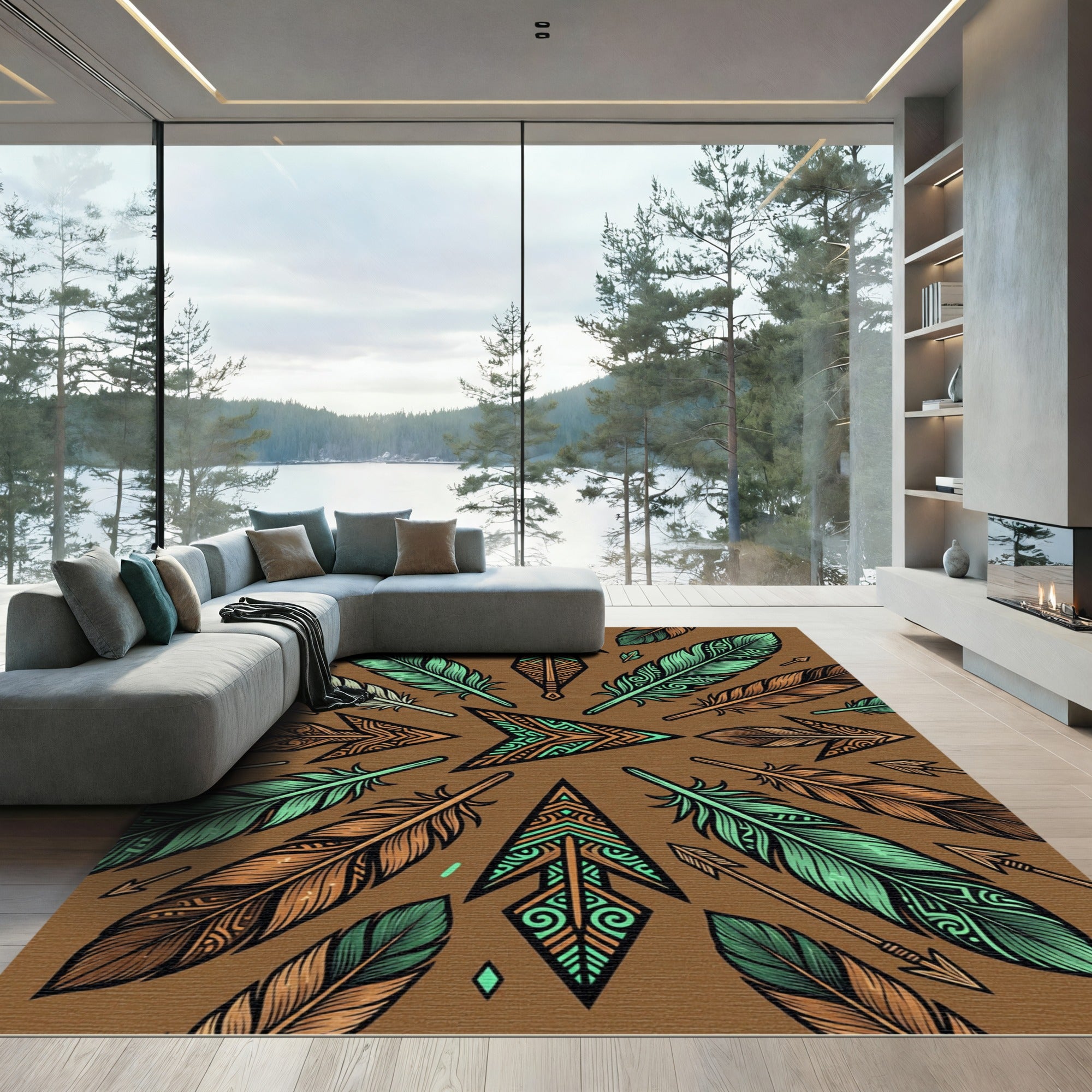 Earthy Teal Feather Arrow Geometric Rug
